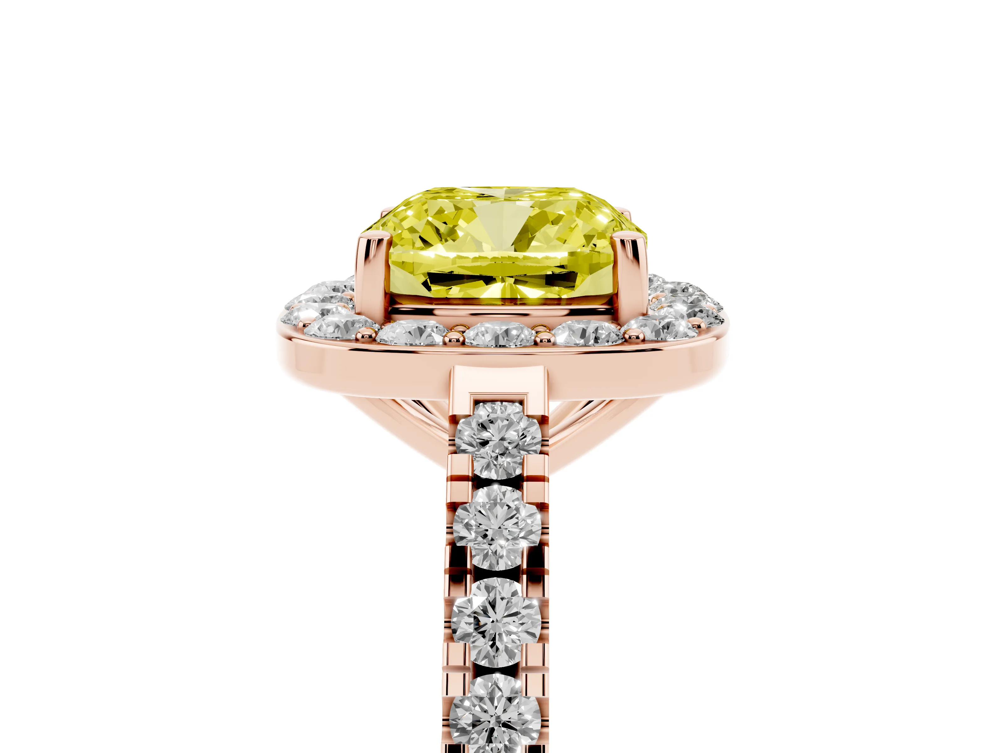 Fancy Yellow Cushion Cut Diamond Halo Ring Set in Rose gold with Round Pavé Split Shank and Prong Setting
