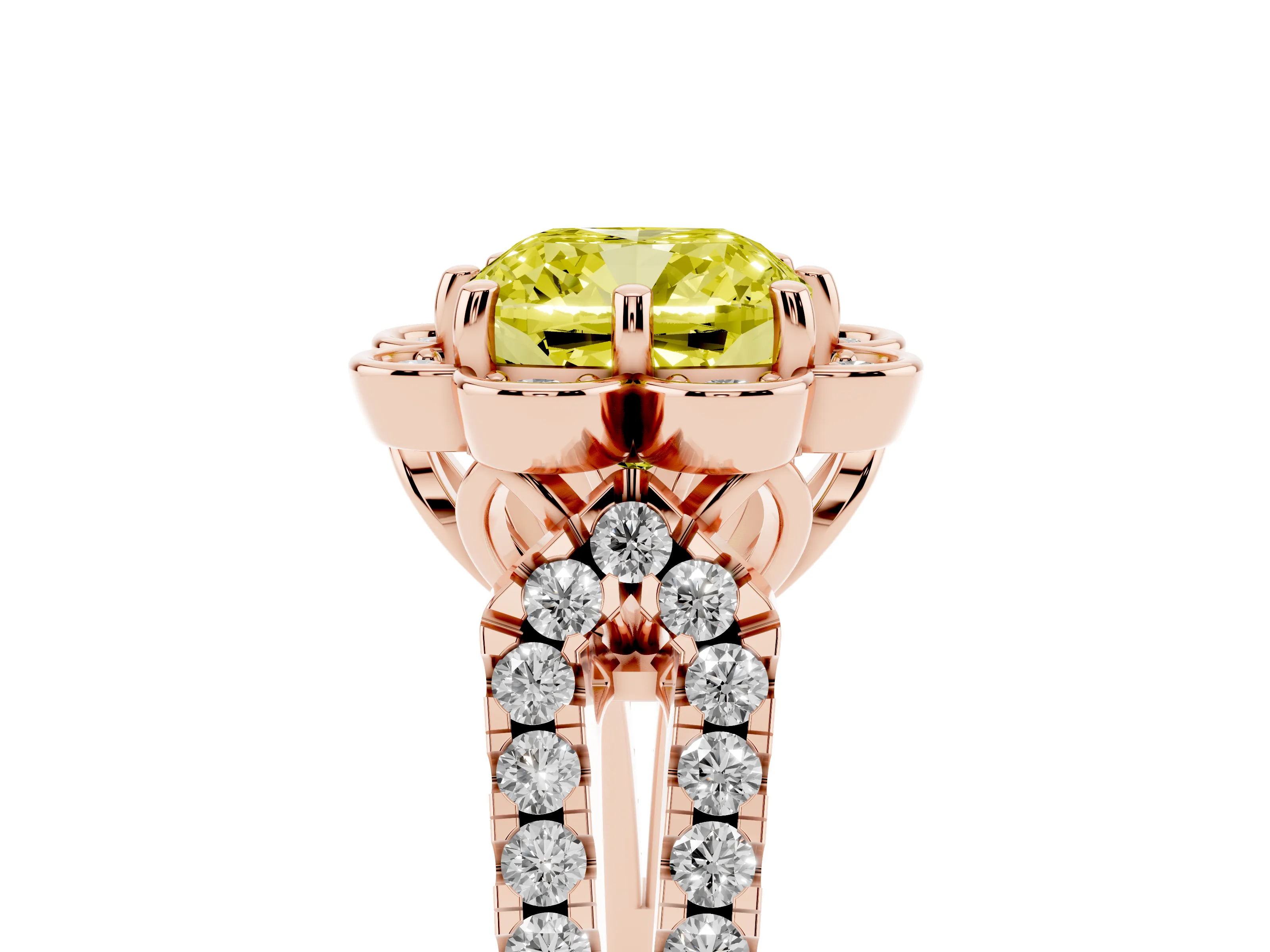 Fancy Yellow Cushion Cut Diamond Floral Halo Split Shank Engagement Ring Set in Rose gold with Pavé Shank