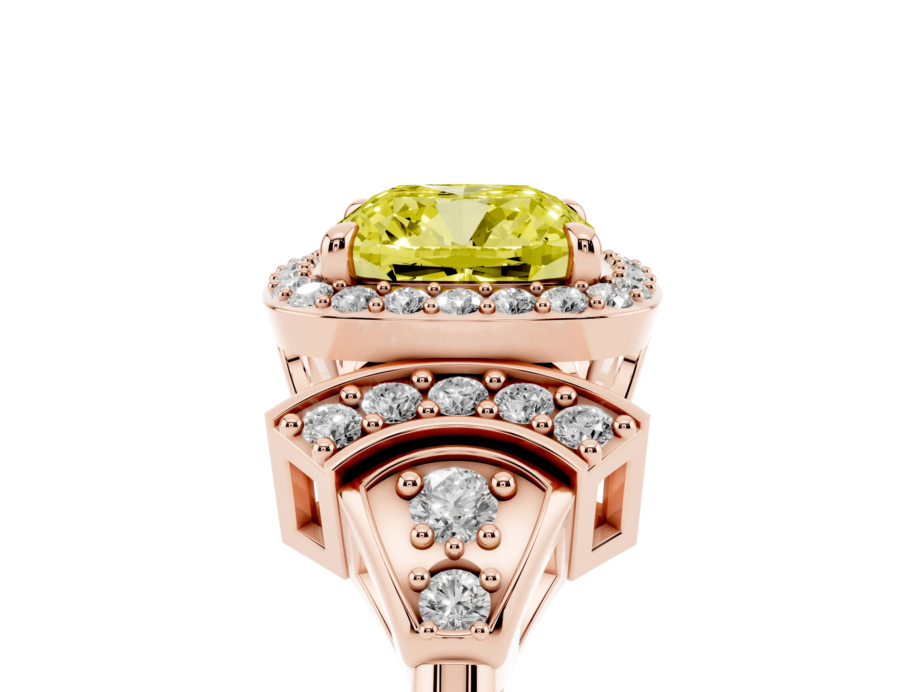 Fancy Yellow Cushion Cut Diamond Halo Engagement Ring Set in Rose gold with Accent Stone Split Shank