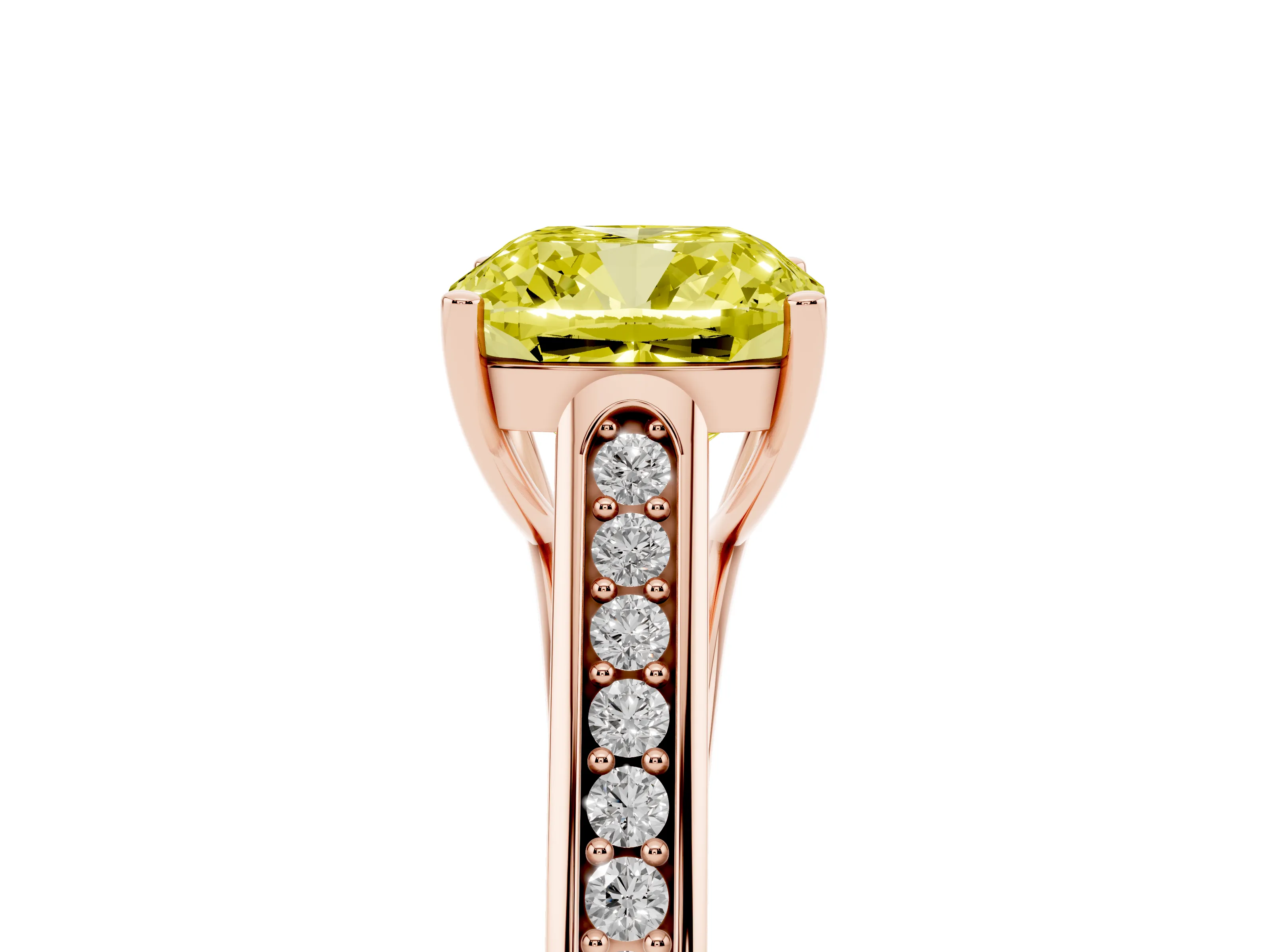 Fancy Yellow Cushion Cut Diamond Solitaire Cathedral Engagement Ring Set in Rose gold with Channel-Set Band and Prong Setting