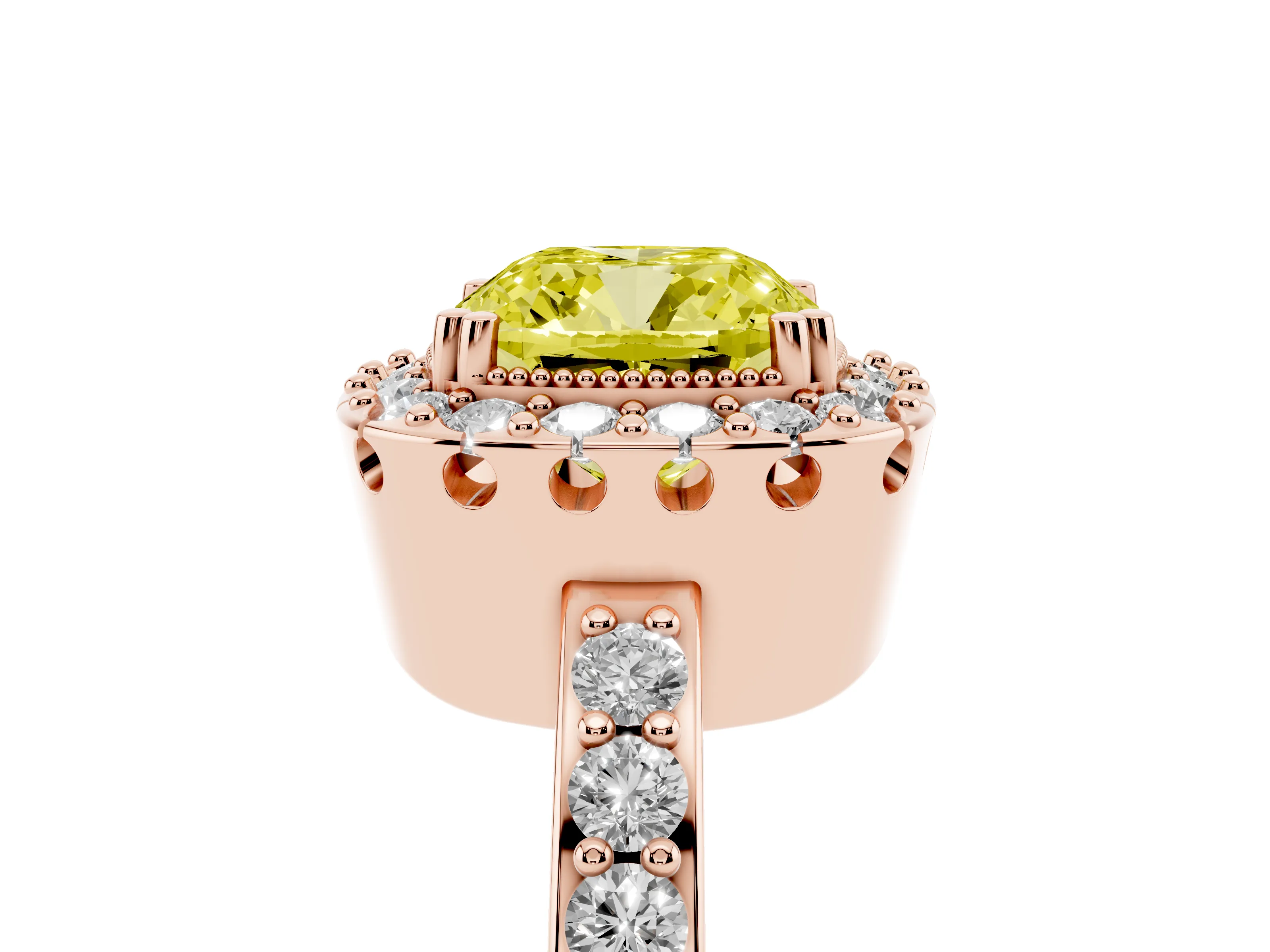 Fancy Yellow Cushion Cut Diamond Halo Ring Set in Rose gold with Pavé Shank and Prong Setting