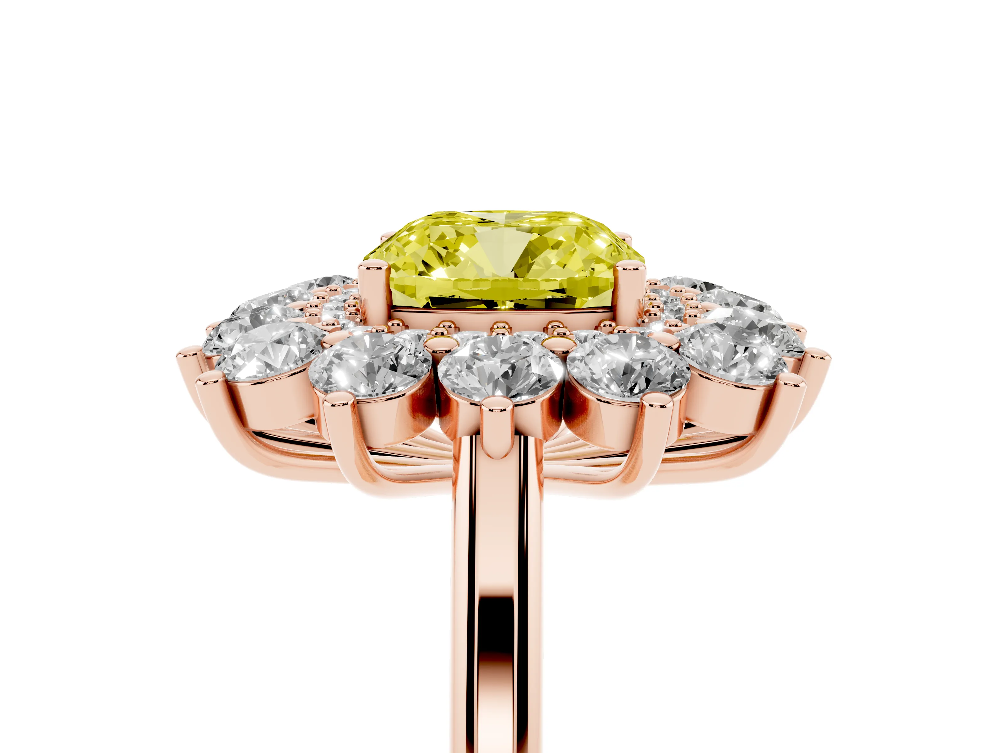 Fancy Yellow Cushion Cut Diamond Floral Double Halo Ring Set in Rose gold with Round Petals