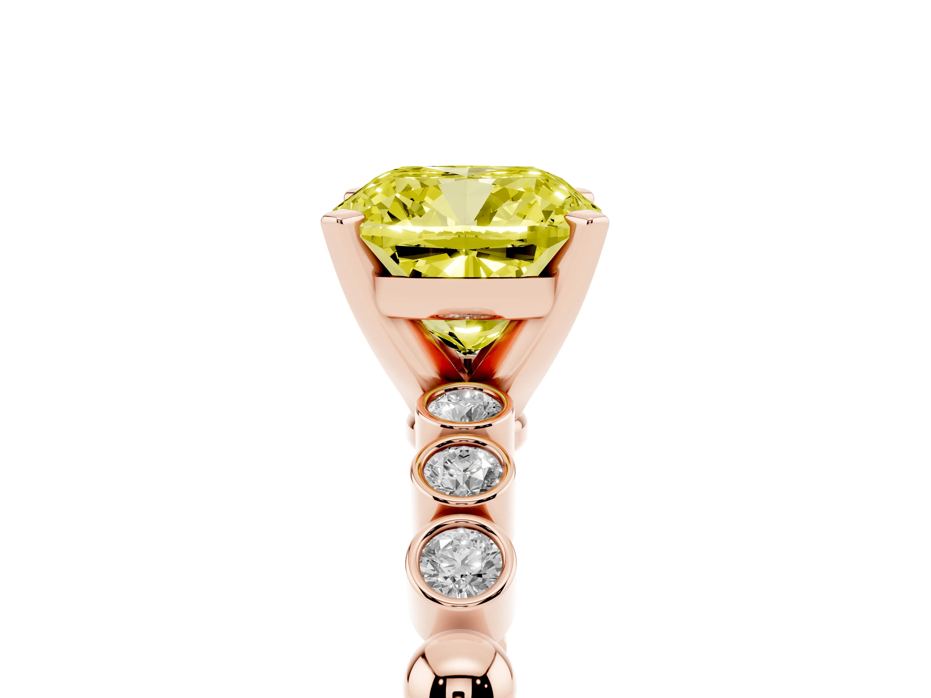 Fancy Yellow Cushion Cut Diamond Solitaire Engagement Ring Set in Rose gold with Bezel Accents on Beaded Band