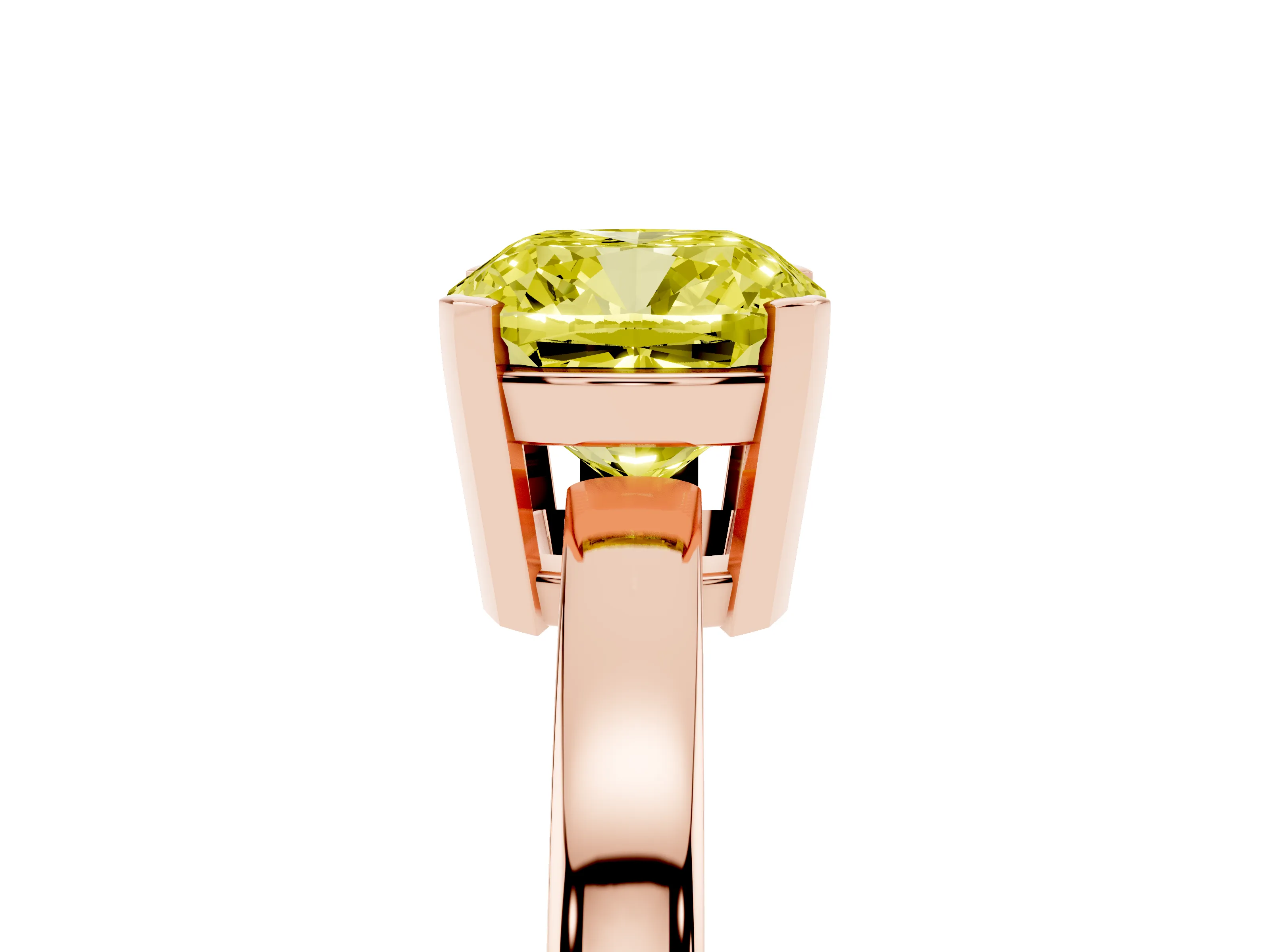Fancy Yellow Cushion Cut Diamond Solitaire Ring Set in Rose gold with Prong Head and Smooth Polished Band