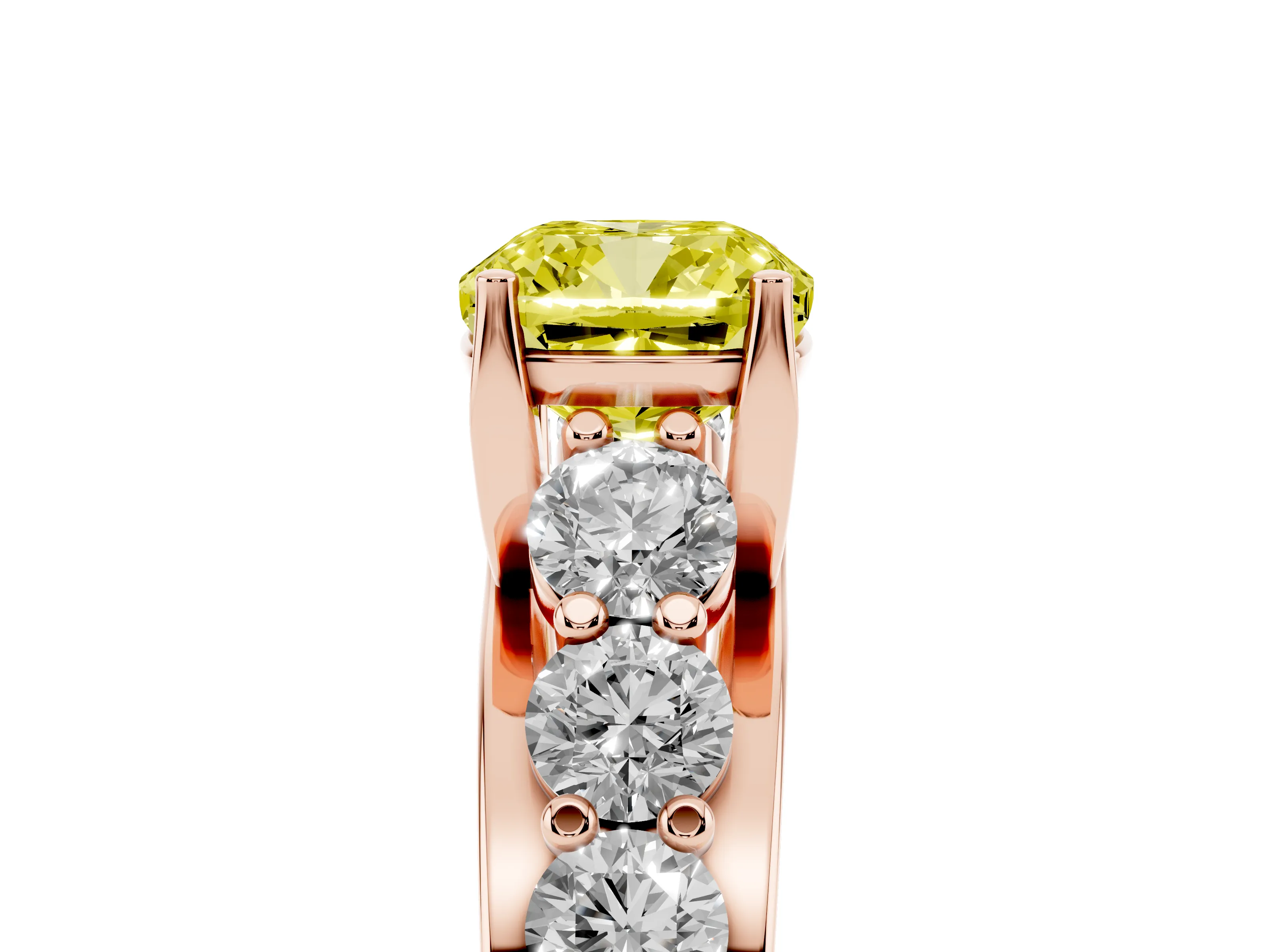 Fancy Yellow Cushion Cut Diamond Pavé Engagement Ring Set in Rose gold with Prong Setting