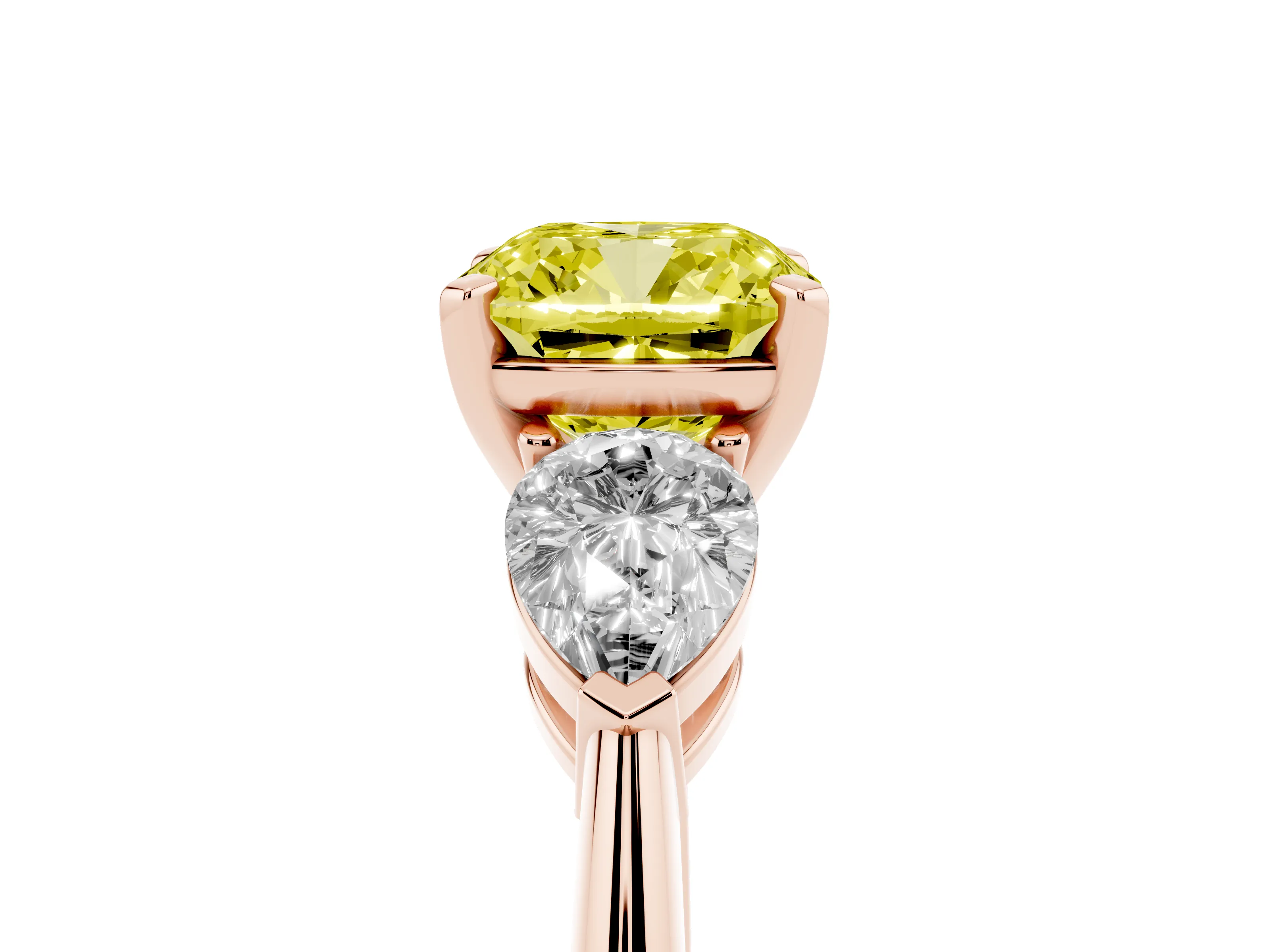 Fancy Yellow Three-Stone Cushion Cut Diamond Ring Set in Rose gold with Pear Side Stones and Prong Setting