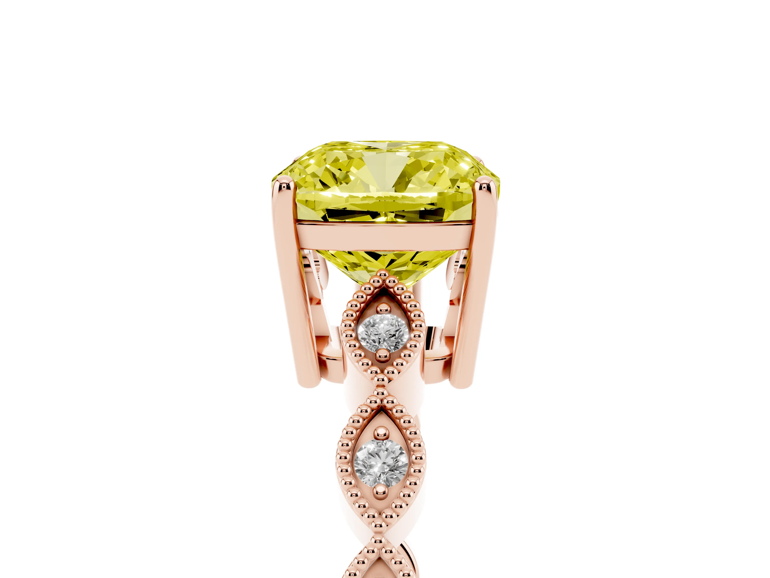 Fancy Yellow Cushion Cut Diamond Solitaire Ring Set in Rose gold with Infinity Twist Pavé Band