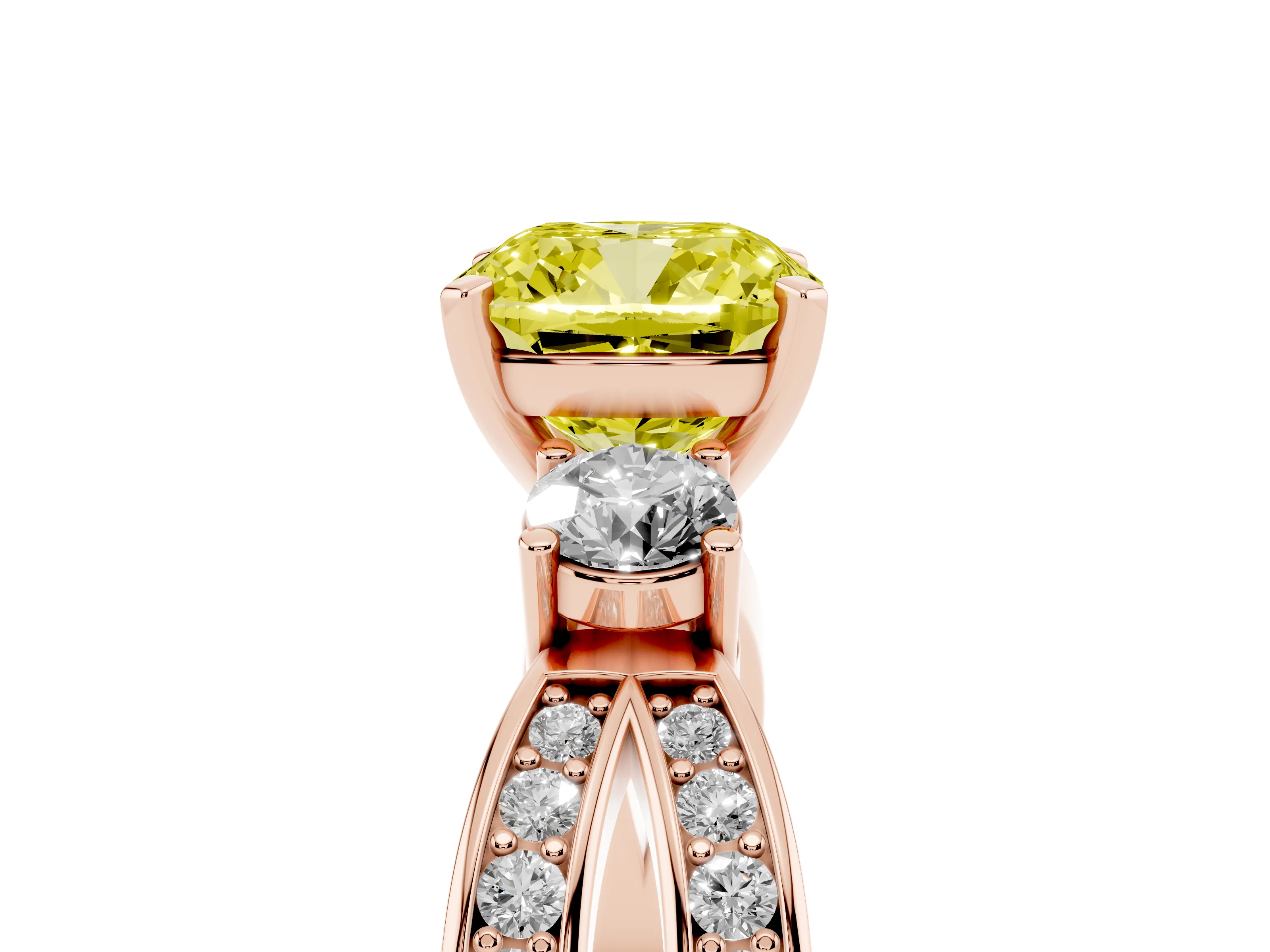 Fancy Yellow Three-Stone Cushion Cut Diamond Twist Band Ring Set in Rose gold with Pavé Accents and Prong Setting