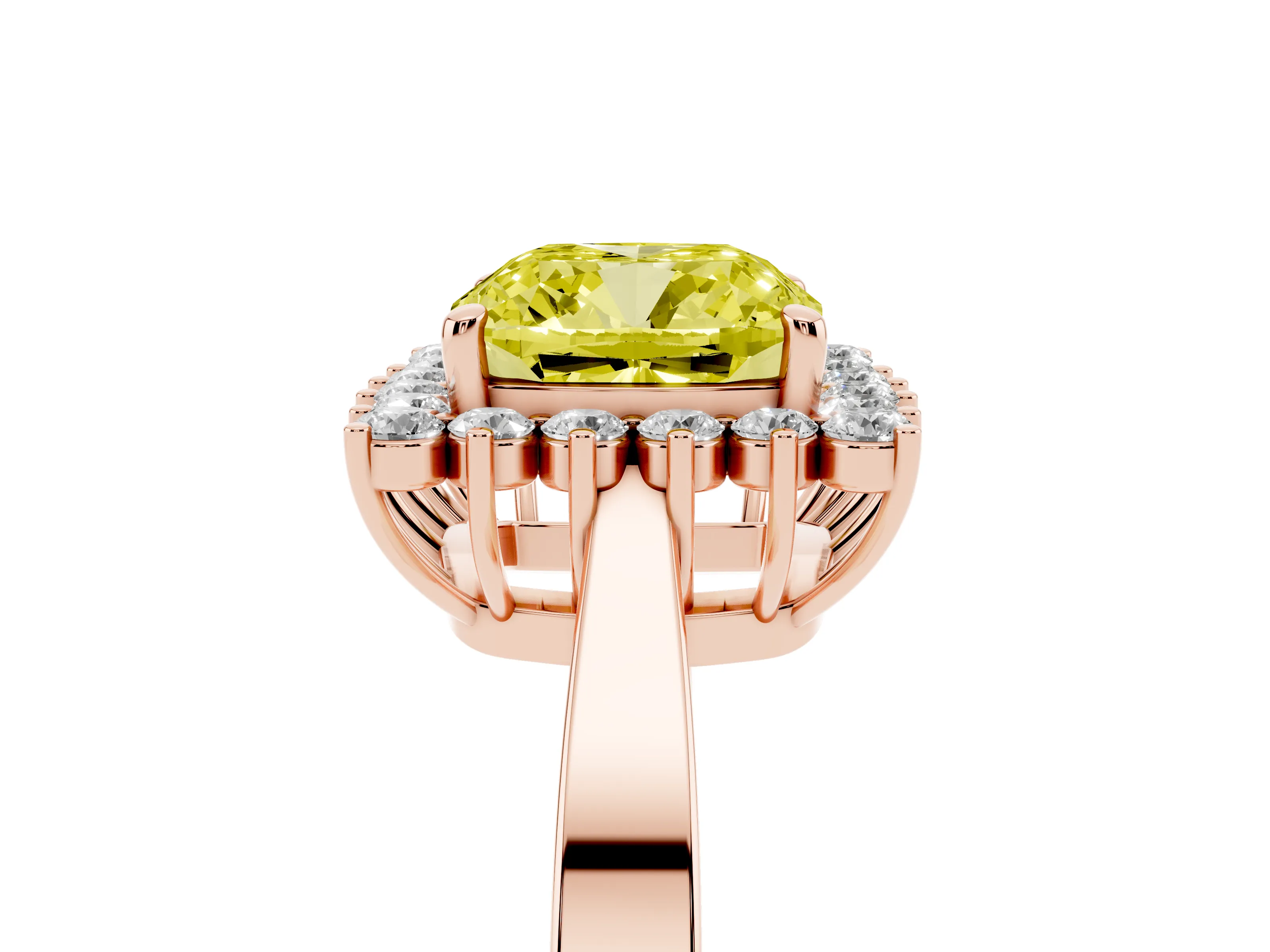 Fancy Yellow Cushion Cut Diamond Halo Ring Set in Rose gold with Round Halo and Smooth Solitaire Band