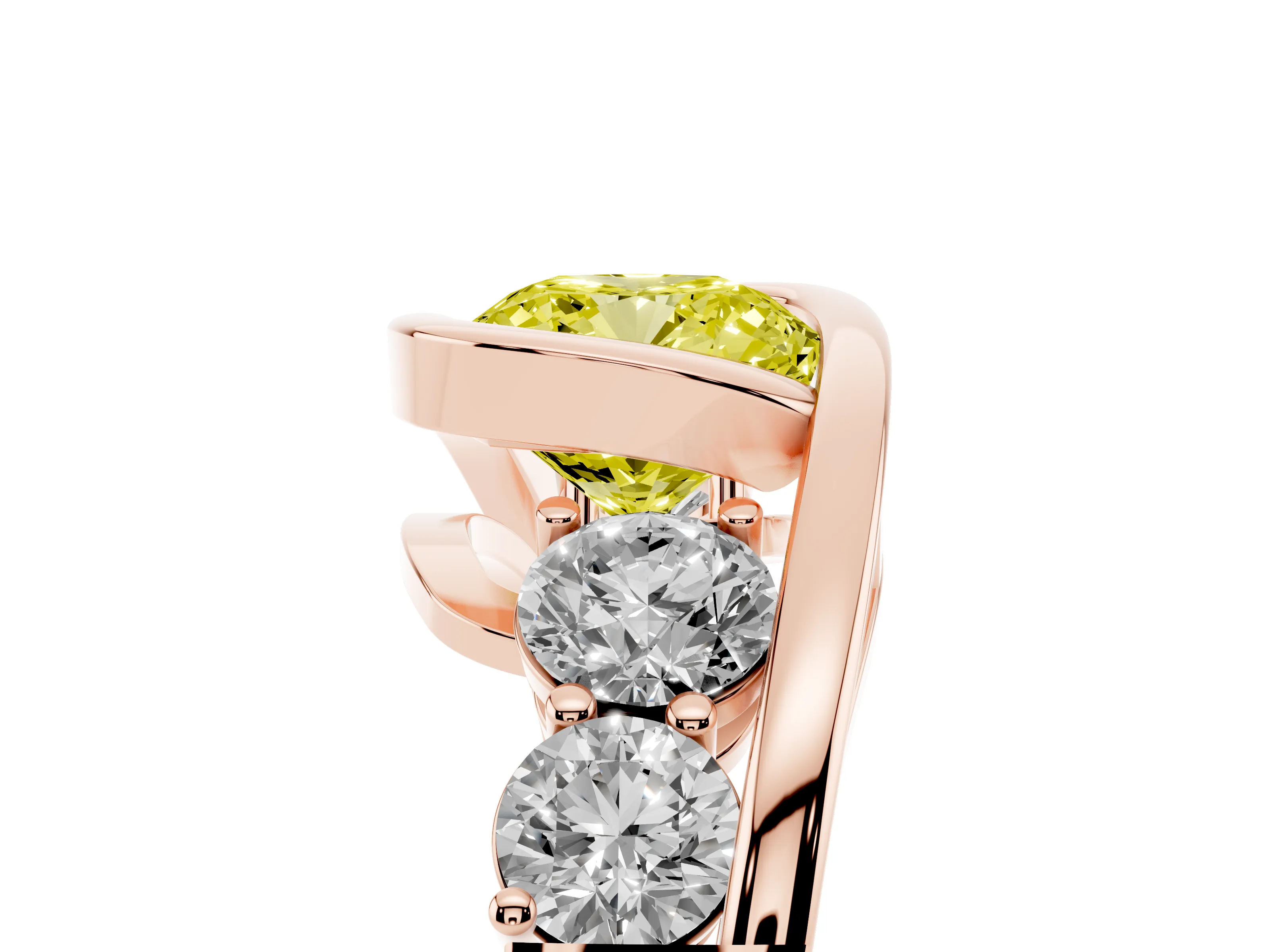 Fancy Yellow Cushion Cut Diamond Bezel Bypass Ring Set in Rose gold with Round Accents