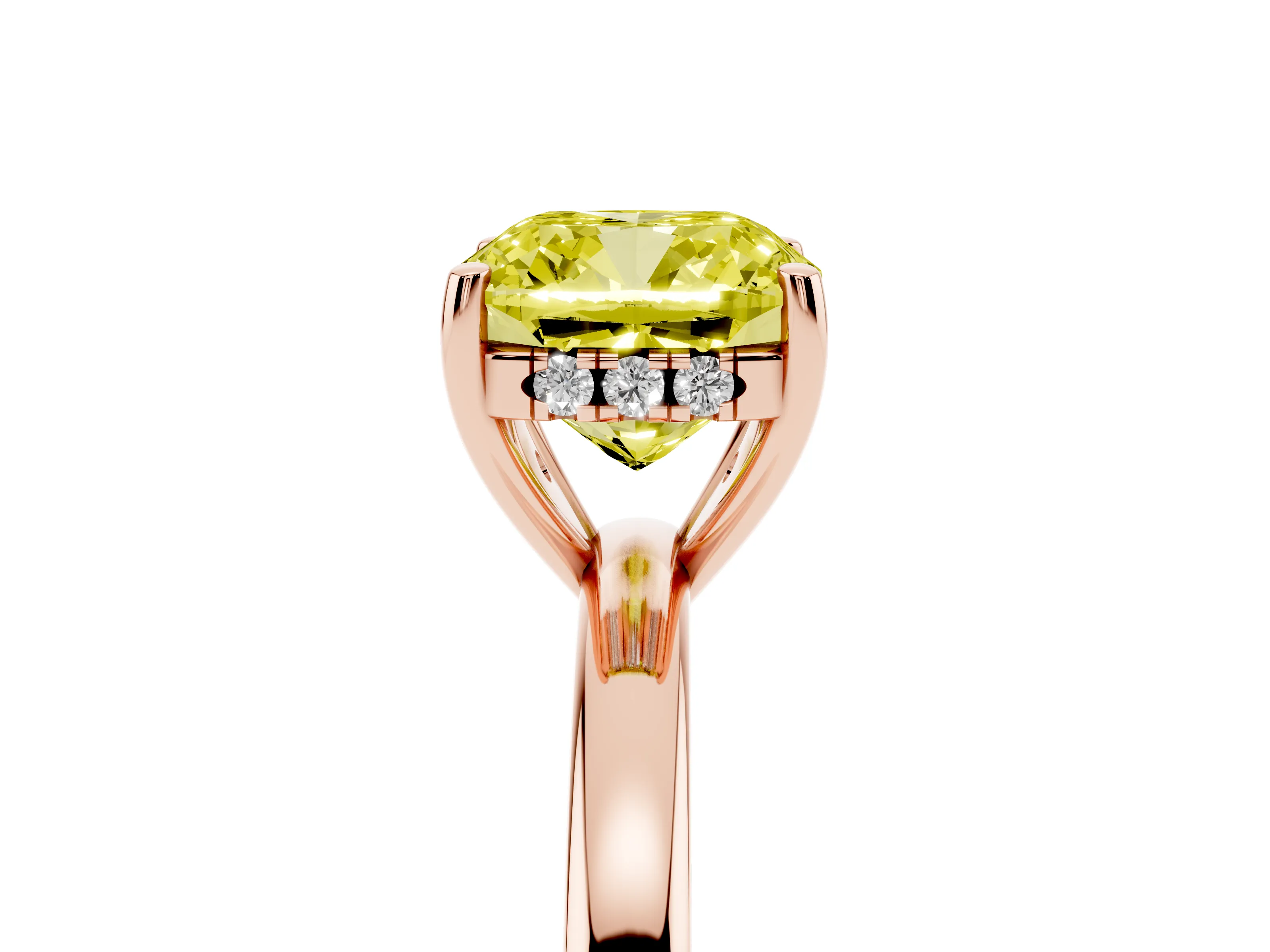 Fancy Yellow Cushion Cut Diamond Solitaire Ring Set in Rose gold with Plain Band and Prong Setting