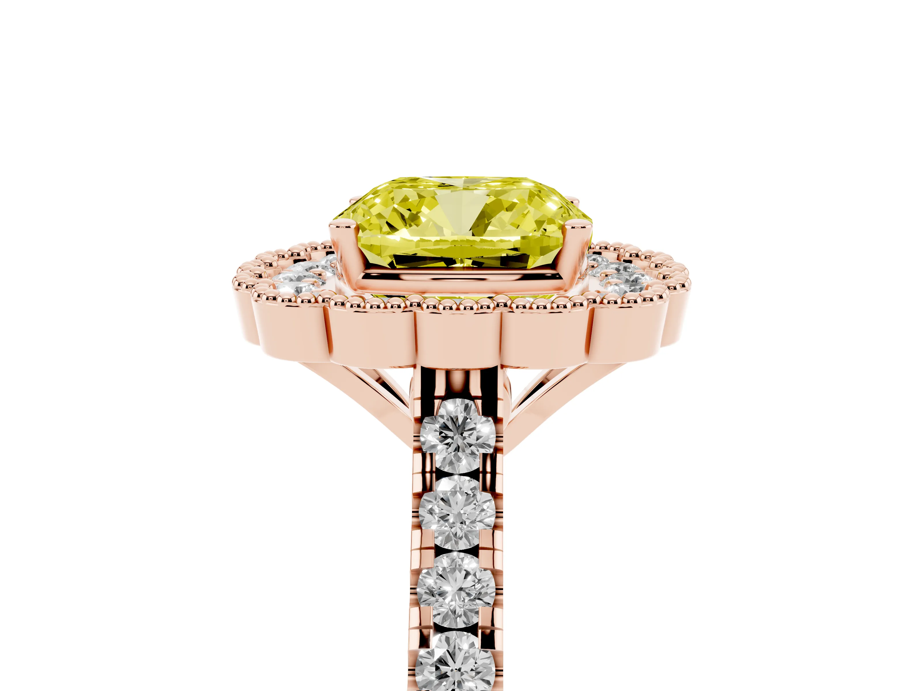 Fancy Yellow Cushion Cut Diamond Milgrain Floral Halo Engagement Ring Set in Rose gold with Pavé Band