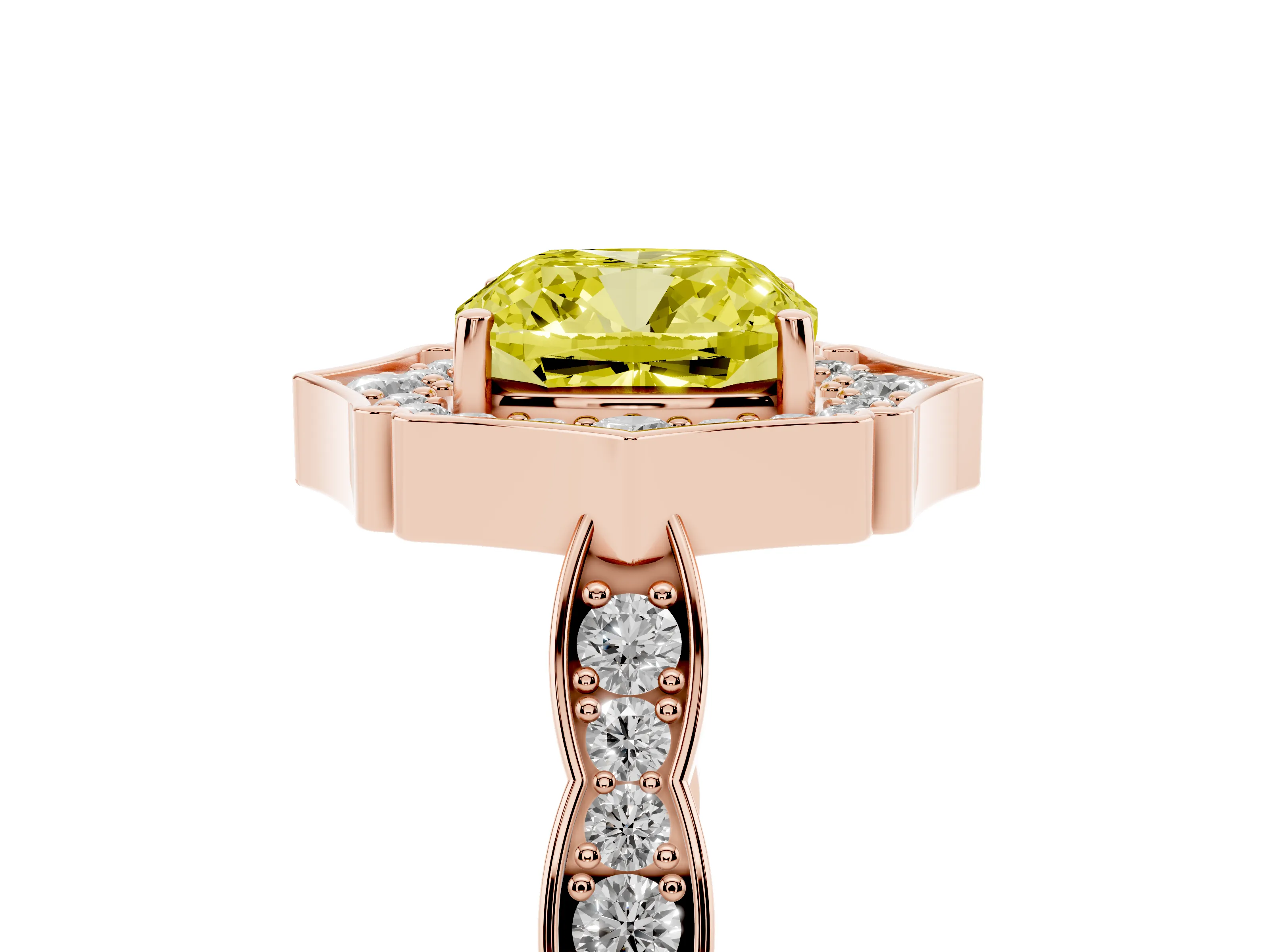 Fancy Yellow Cushion Cut Diamond Halo Engagement Ring Set in Rose gold with Milgrain Band and Prong Setting