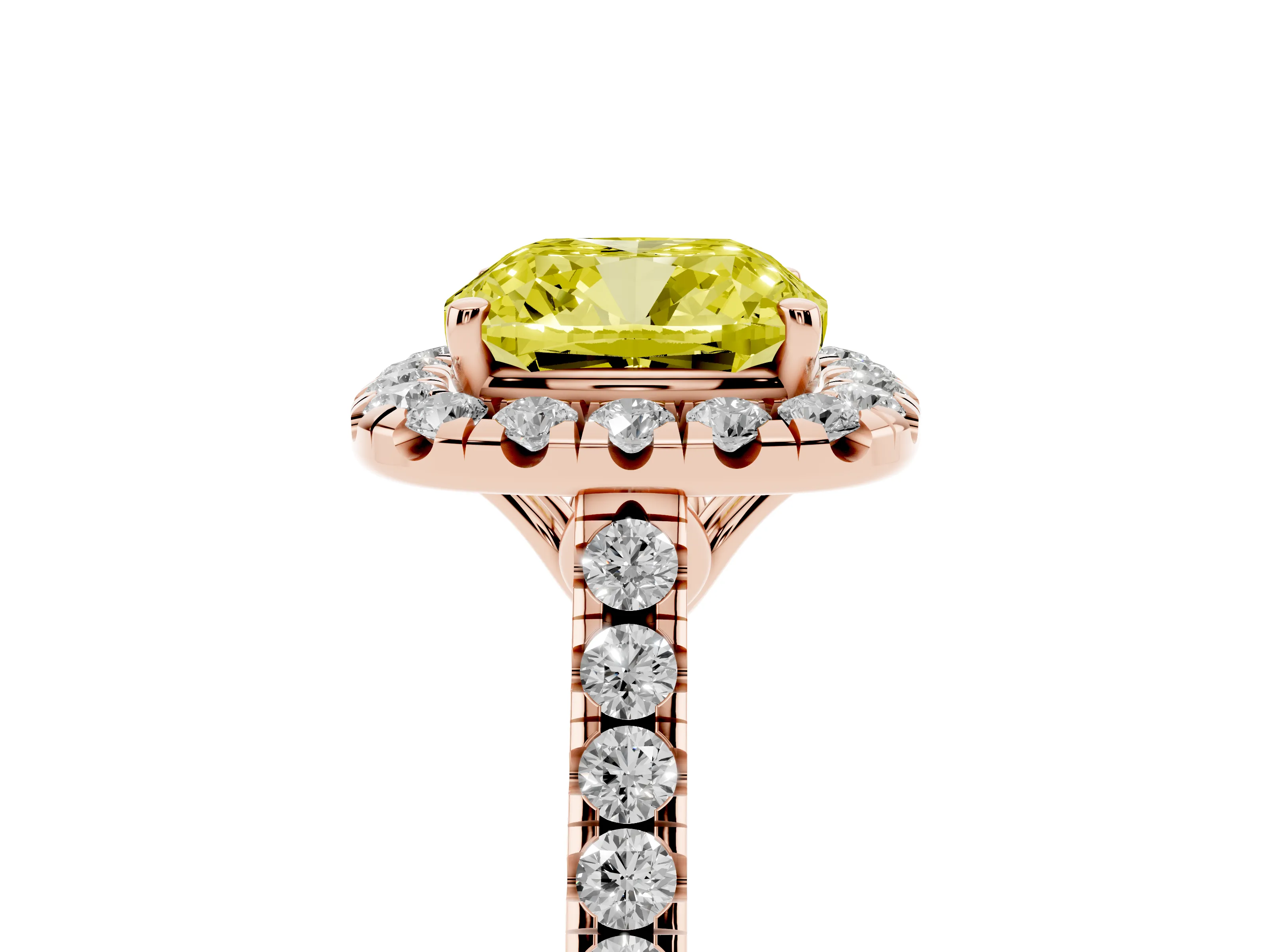 Fancy Yellow Cushion Cut Diamond Pavé Halo Engagement Ring Set in Rose gold with Pavé Band and Prong Setting
