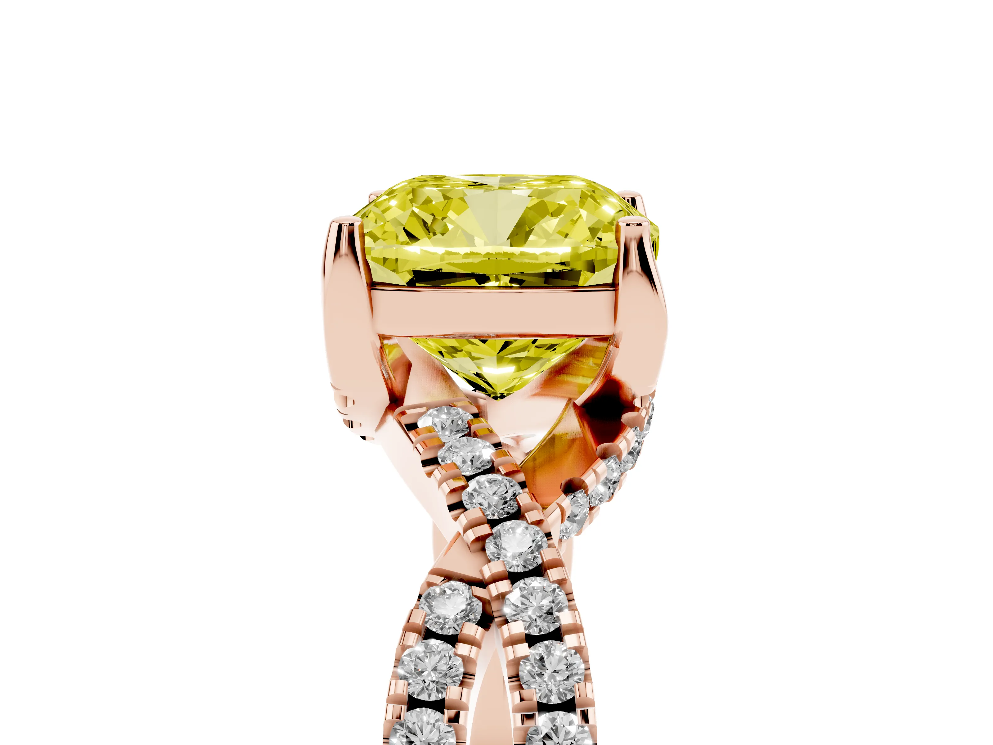 Fancy Yellow Cushion Cut Diamond Twist Pavé Solitaire Engagement Ring Set in Rose gold with Prong Setting