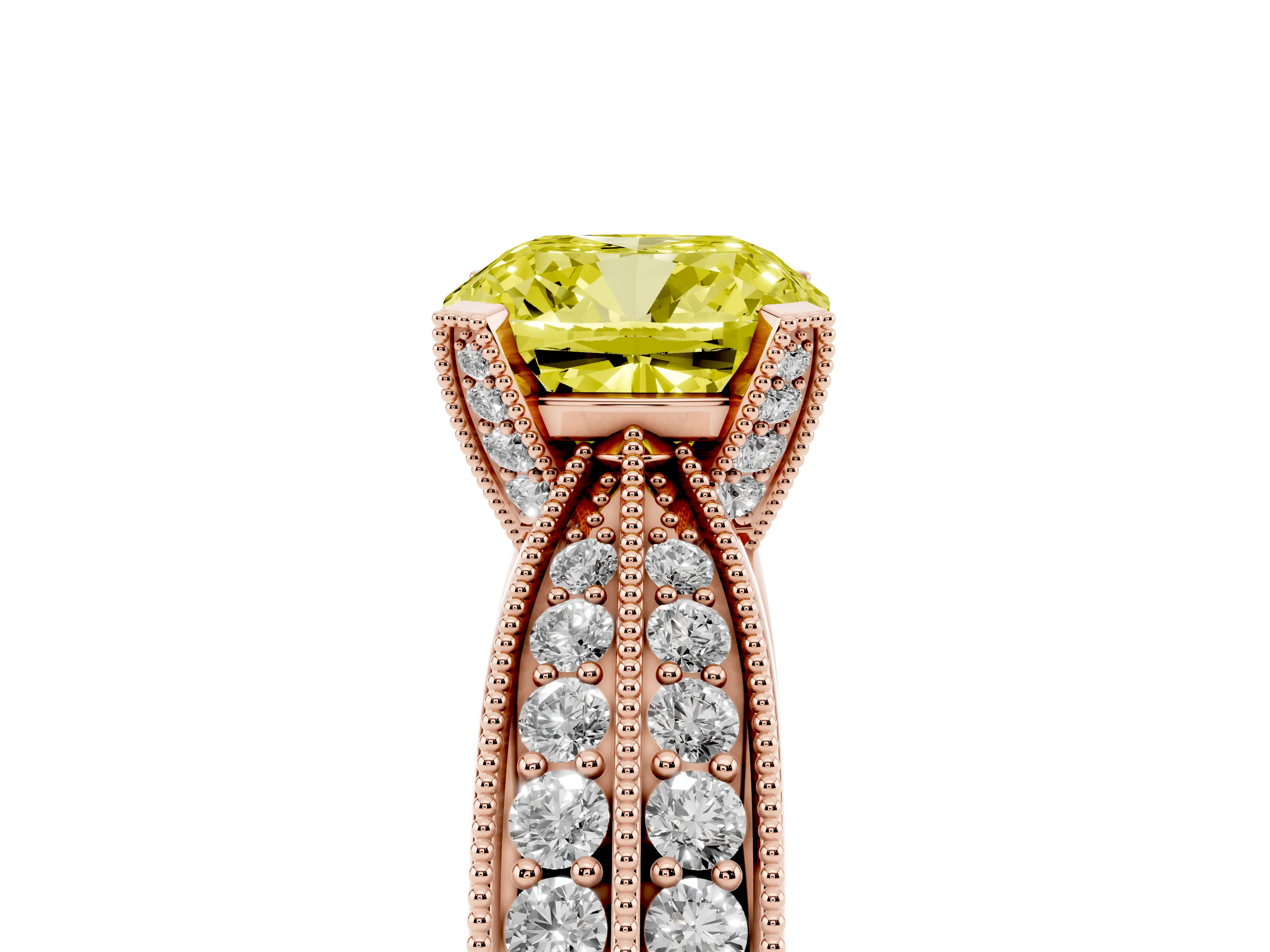 Fancy Yellow Cushion Cut Diamond Solitaire Ring Set in Rose gold with Milgrain Double Row Round Pavé Band