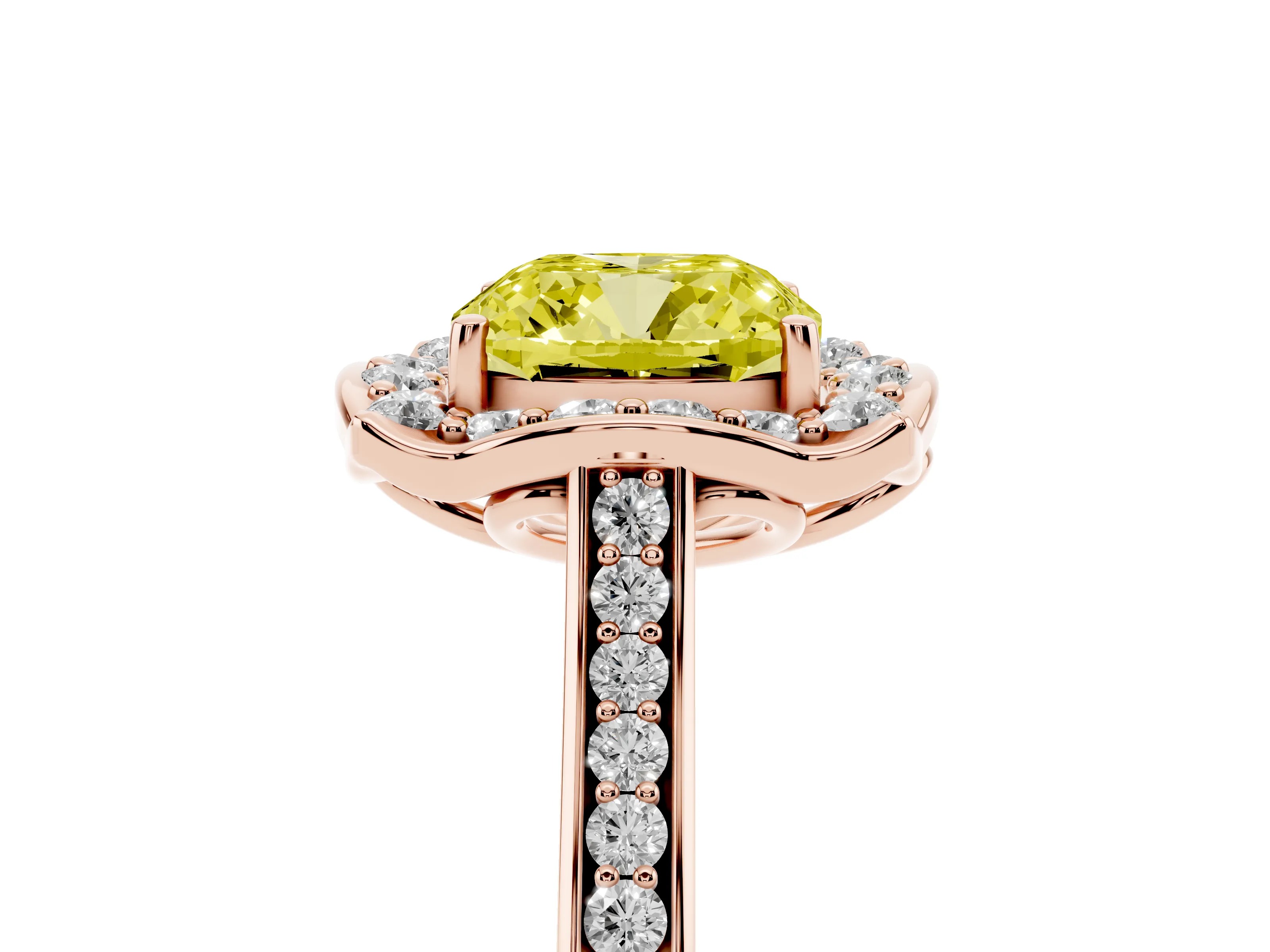 Fancy Yellow Cushion Cut Diamond Halo Ring Set in Rose gold with Pavé-Lined Shoulders and Prong Setting
