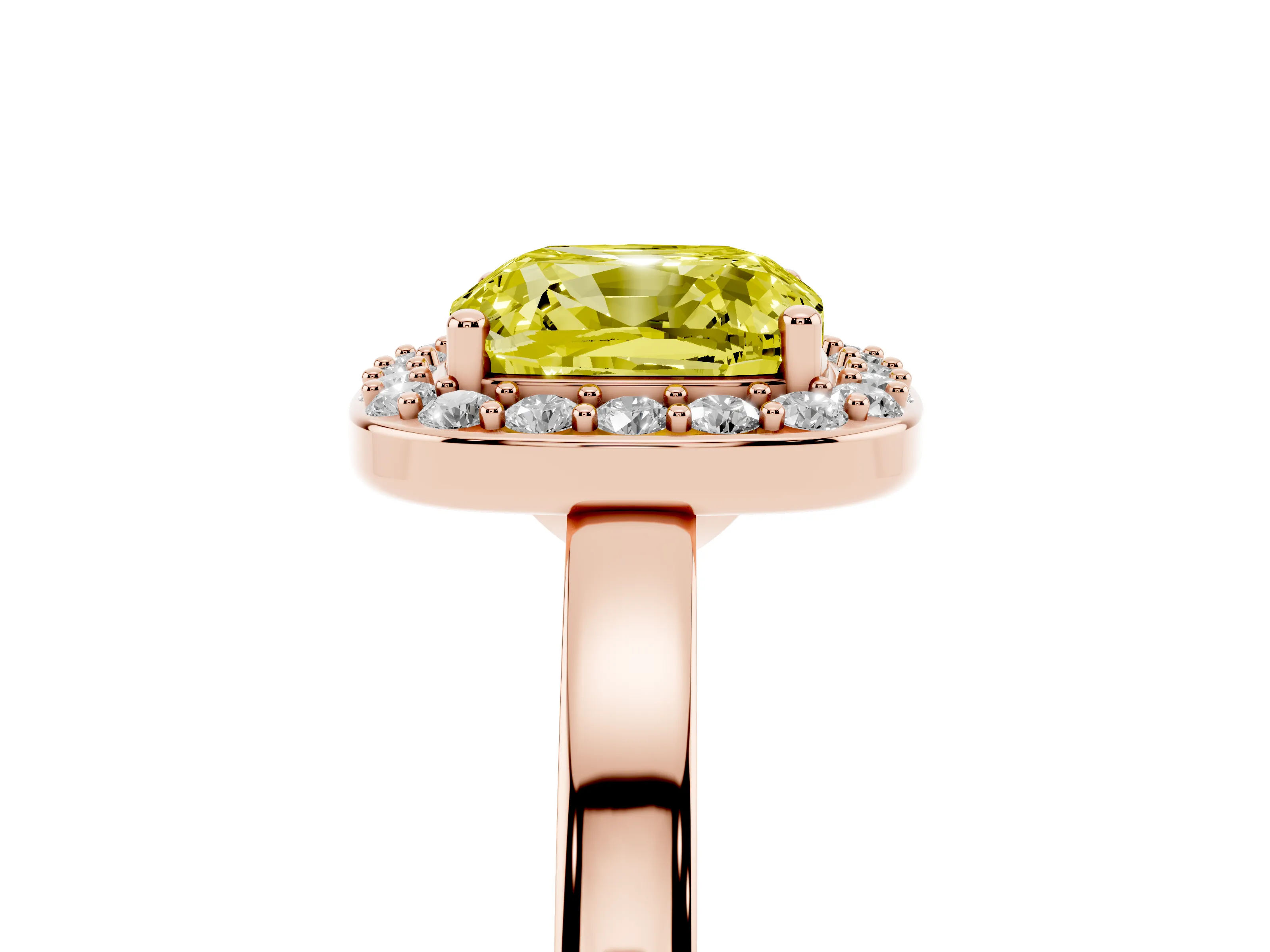 Fancy Yellow Cushion Cut Diamond Halo Ring Set in Rose gold with Solitaire Band and Prong Setting