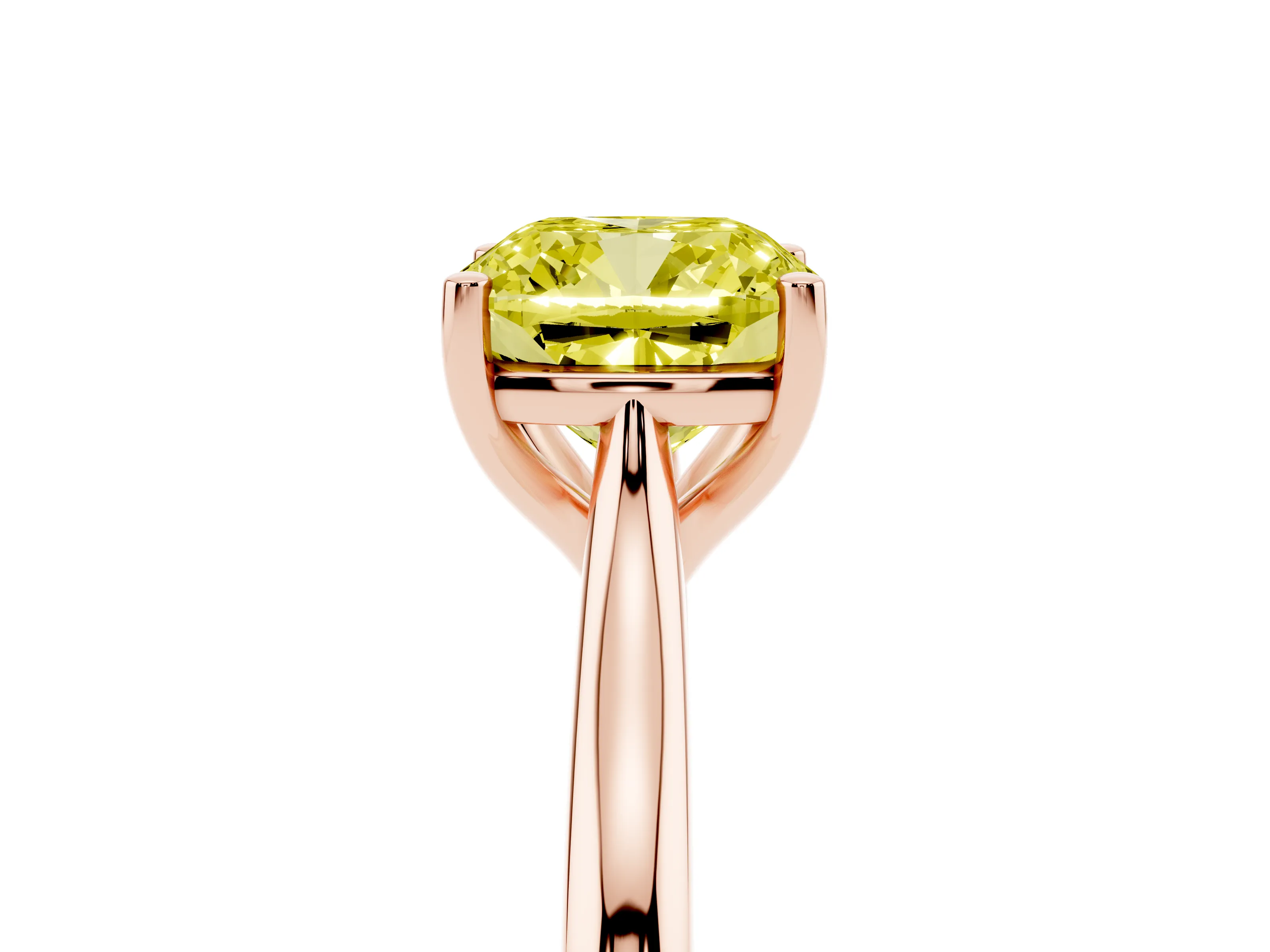 Fancy Yellow Cushion Cut Diamond Solitaire Ring Set in Rose gold with Cathedral Band and Prong Setting
