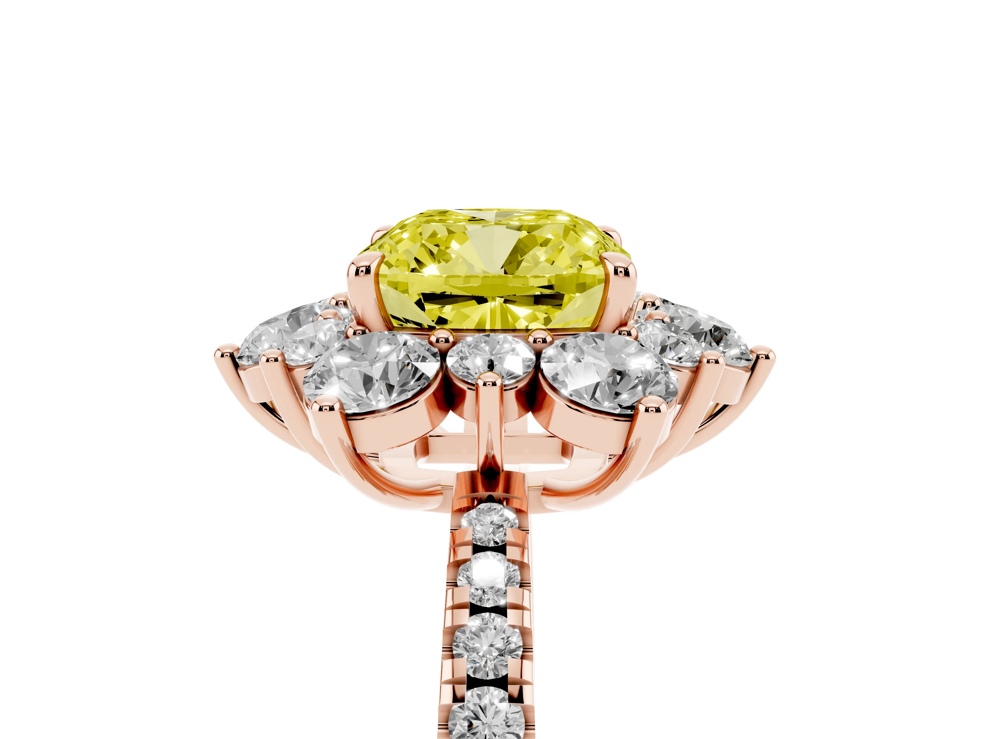 Fancy Yellow Cushion Cut Diamond Floral Halo Ring Set in Rose gold with Round Pavé Band and Prong Setting
