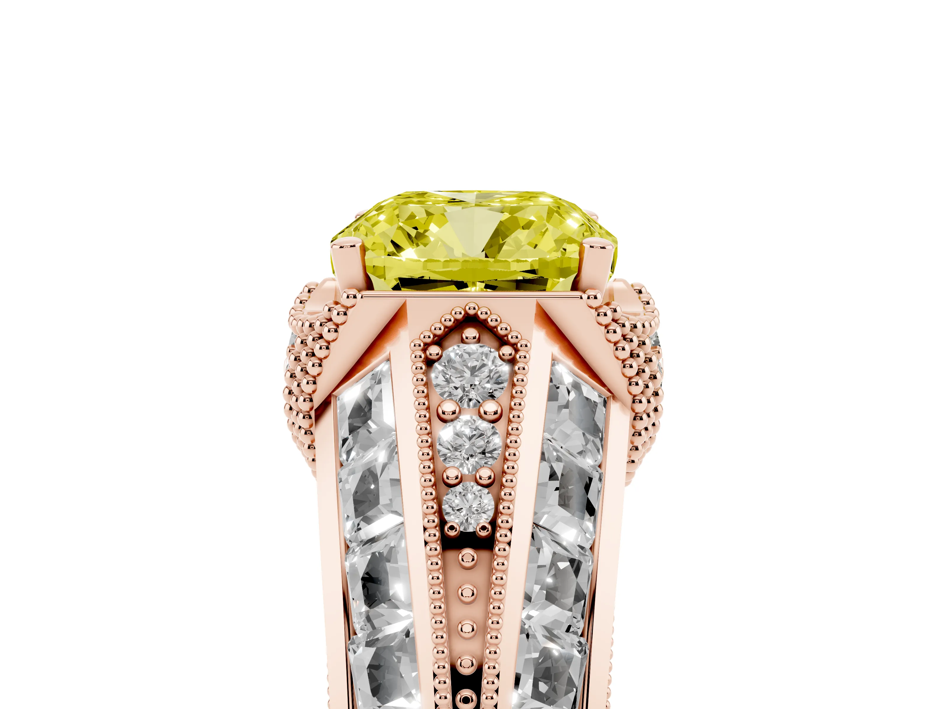 Fancy Yellow Cushion Cut Diamond Vintage-Inspired Milgrain Ring Set in Rose gold with Accent Split Shank