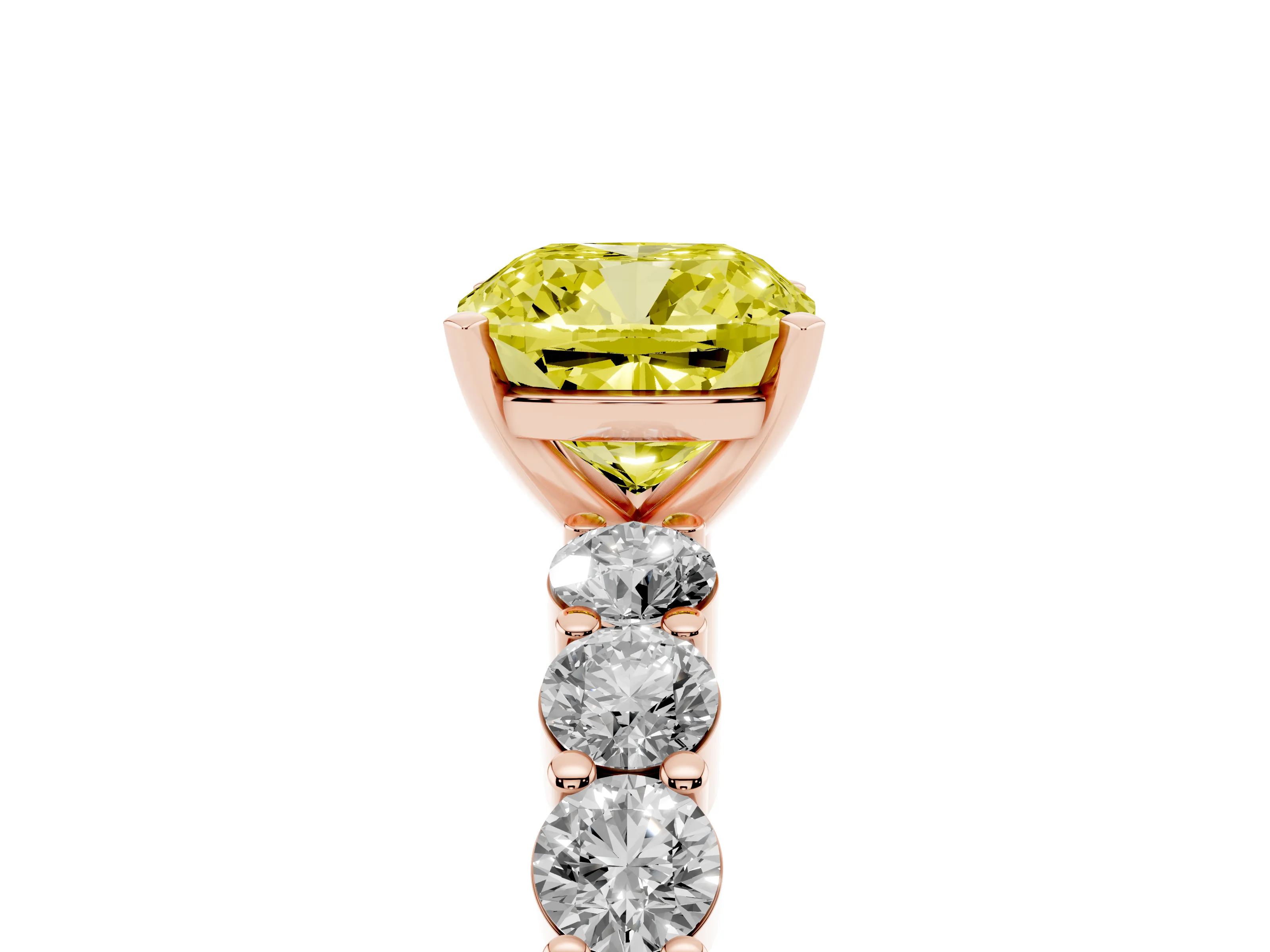 Fancy Yellow Cushion Cut Diamond Solitaire Ring Set in Rose gold with Shared Prong Round Side Stones