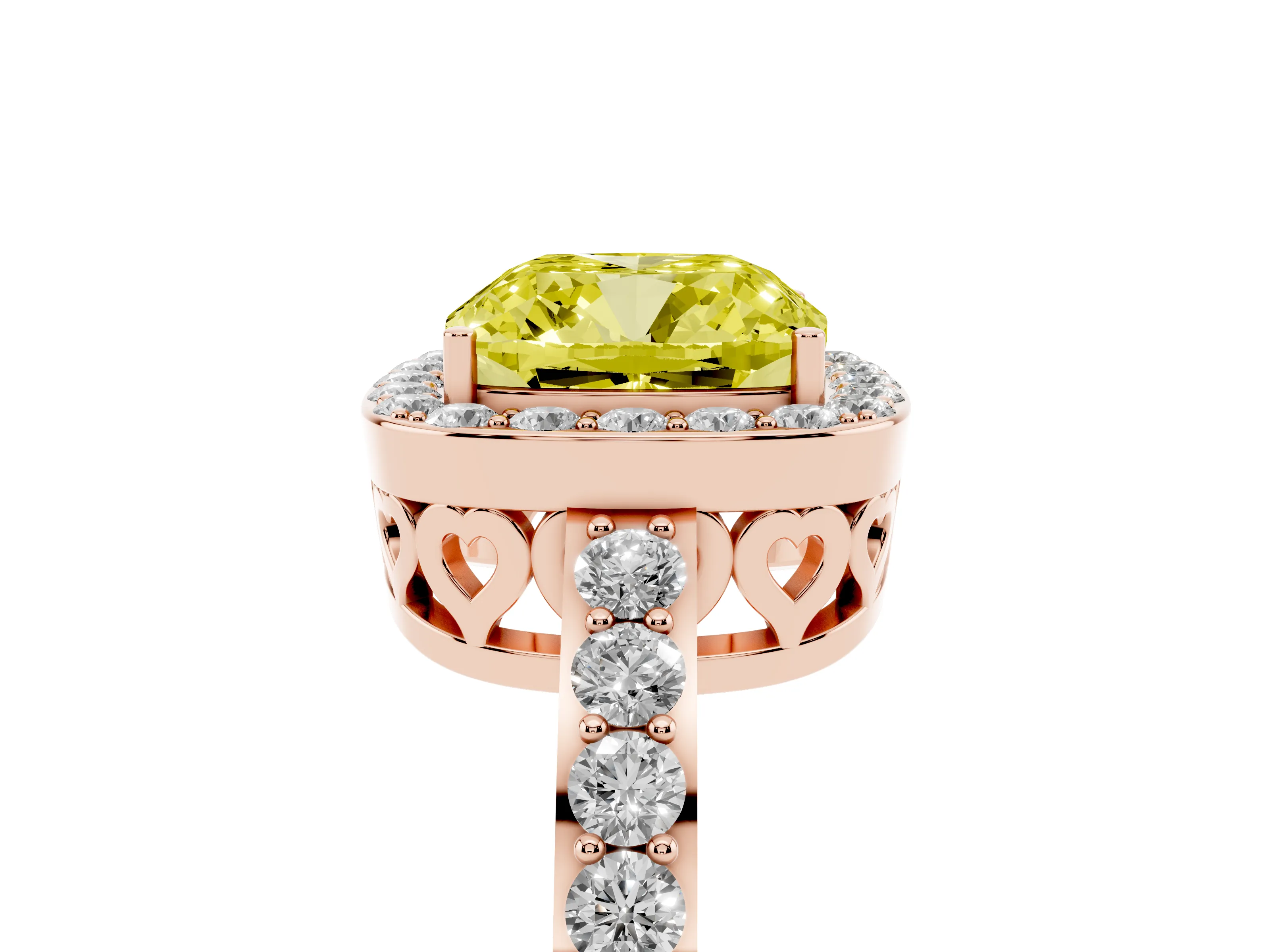 Fancy Yellow Cushion Cut Diamond Halo Ring Set in Rose gold with Pavé-Setting Band and Open Prong Center