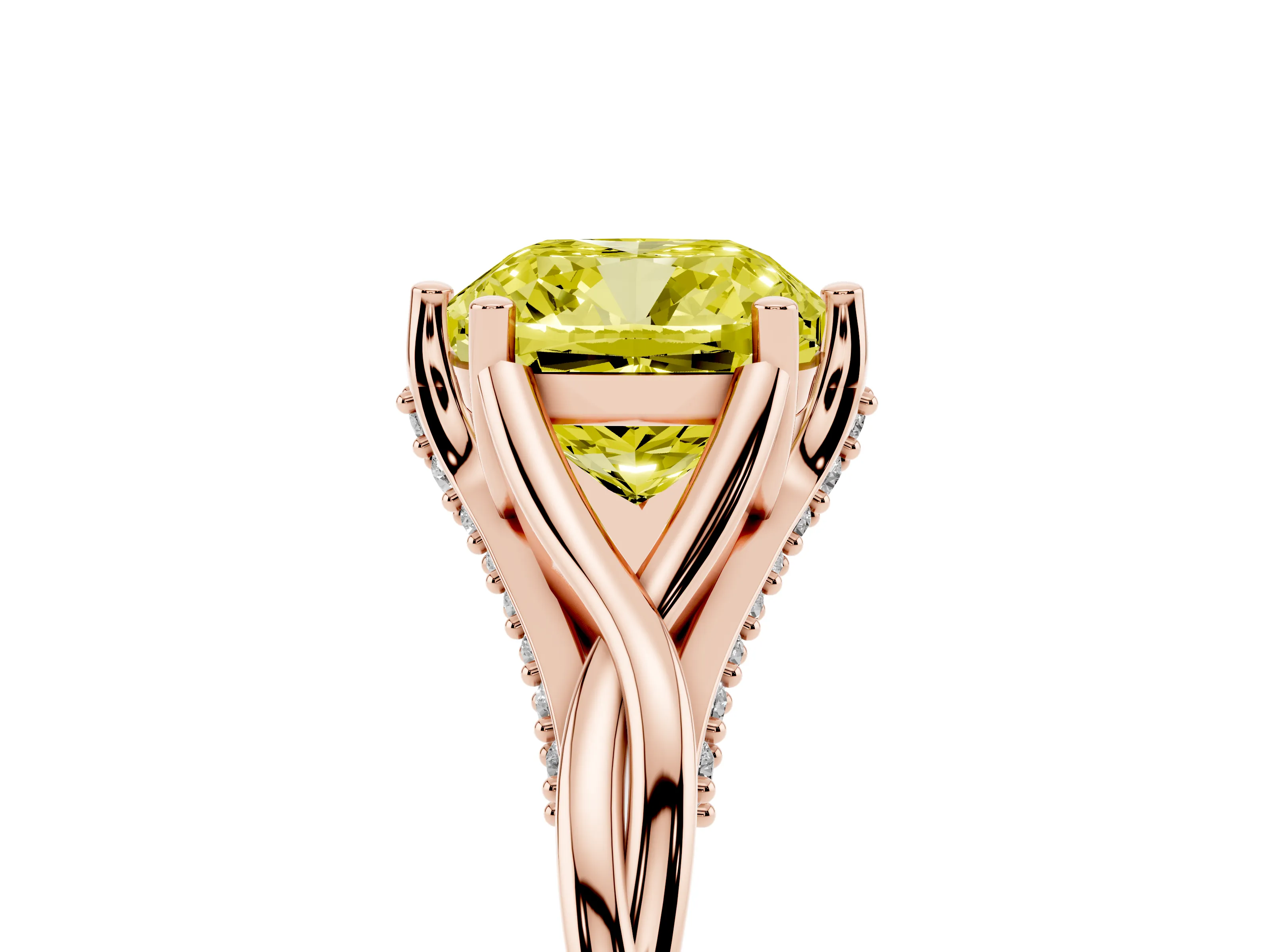 Fancy Yellow Cushion Cut Diamond Intertwined Twist Band Solitaire Ring Set in Rose gold with Prong Setting