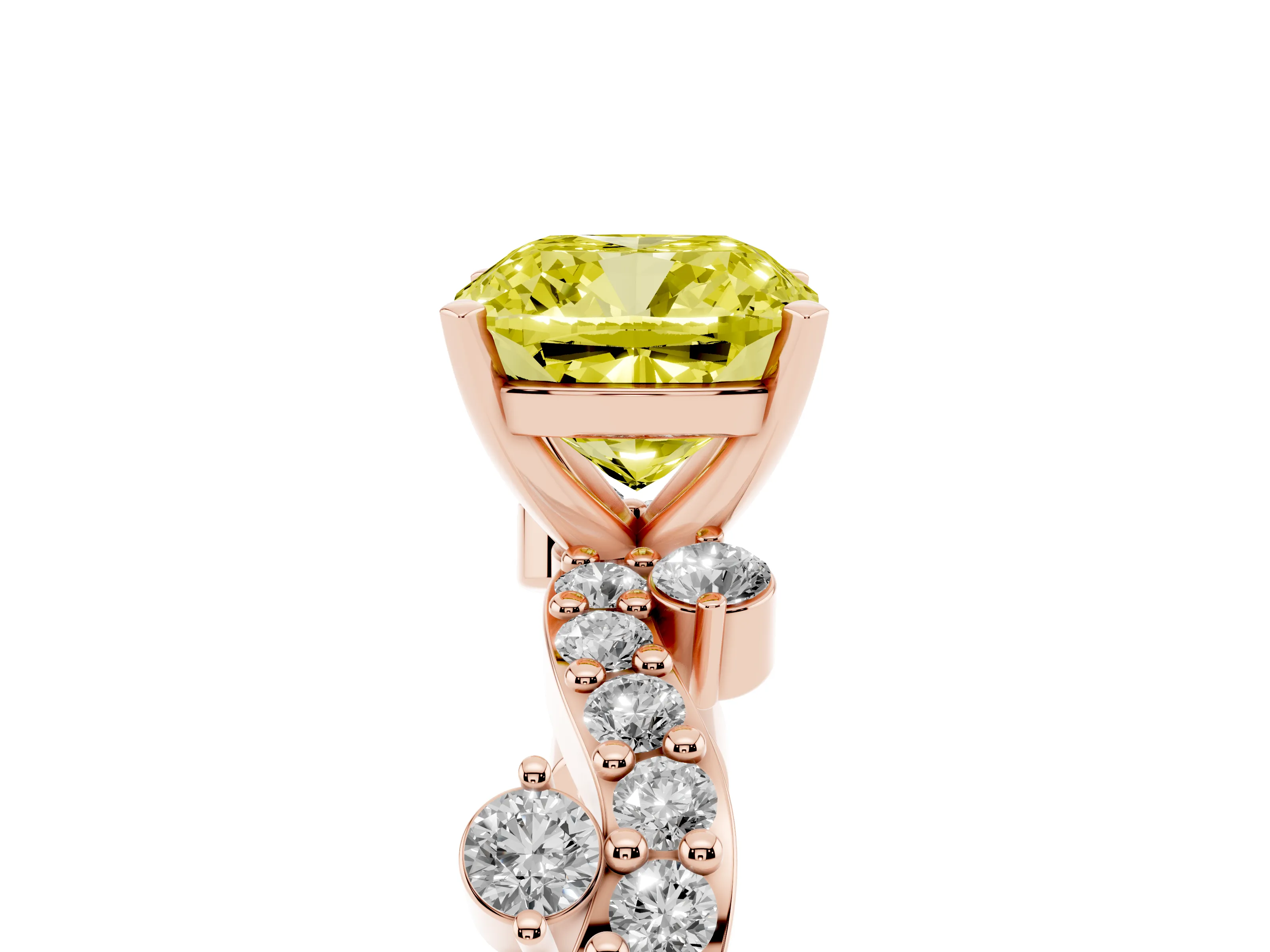 Fancy Yellow Cushion Cut Diamond Solitaire Twisted Band Set in Rose gold with Pavé Setting
