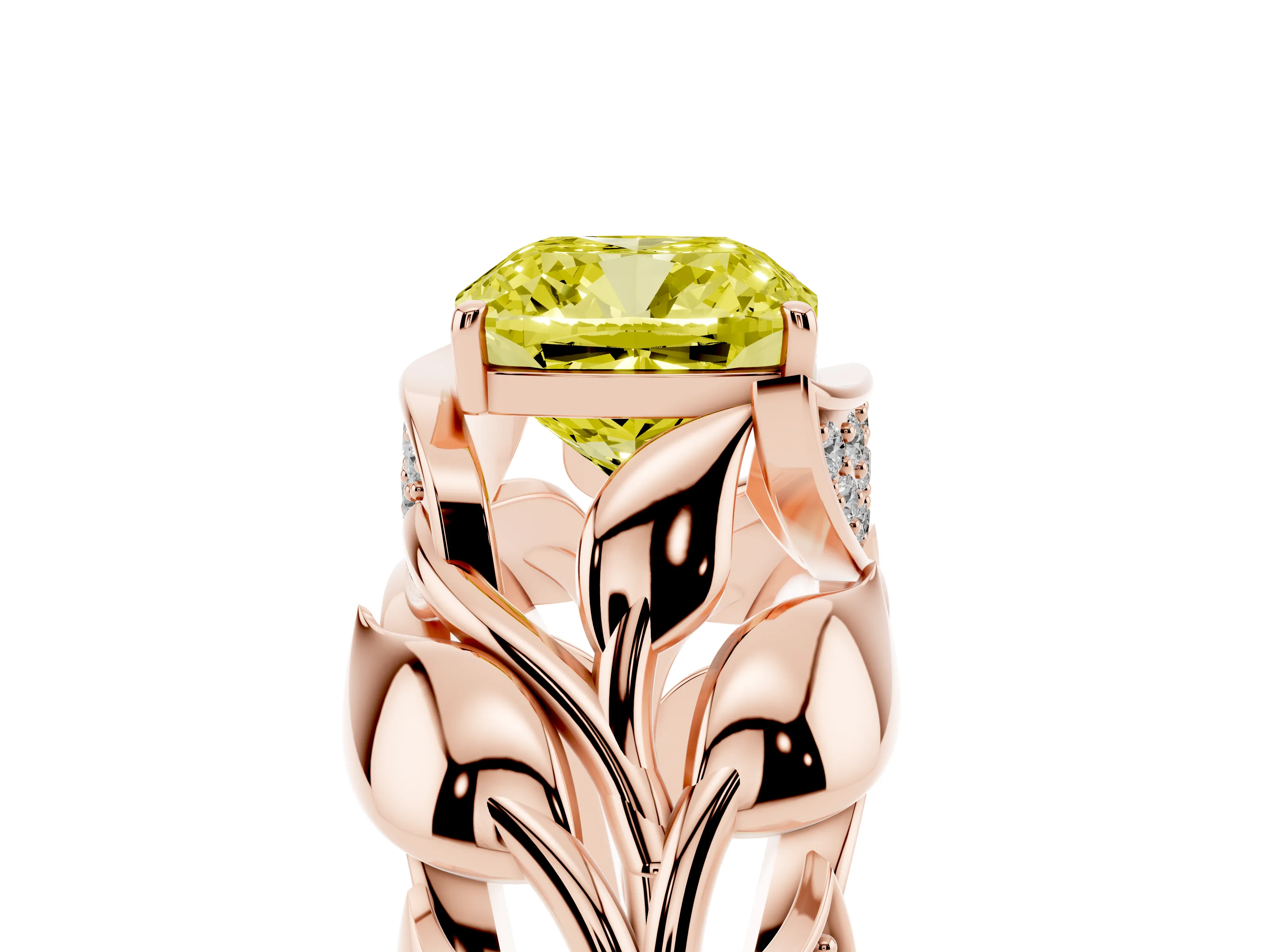Fancy Yellow Cushion Cut Diamond Leaf-Inspired Engagement Ring Set in Rose gold with Round Accents