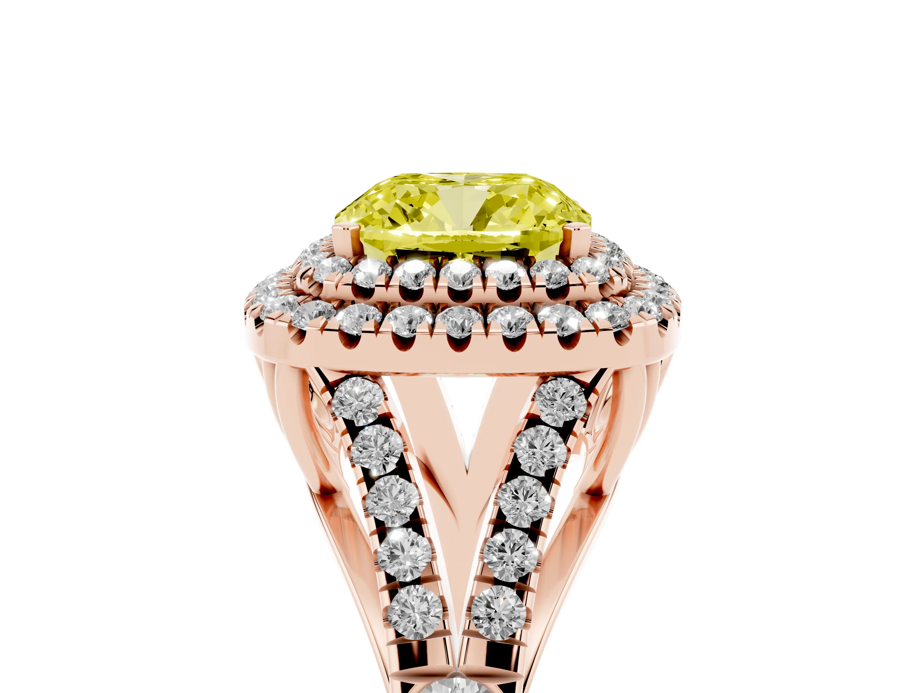 Fancy Yellow Cushion Cut Diamond Pavé Split Shank Double Halo Engagement Ring Set in Rose gold