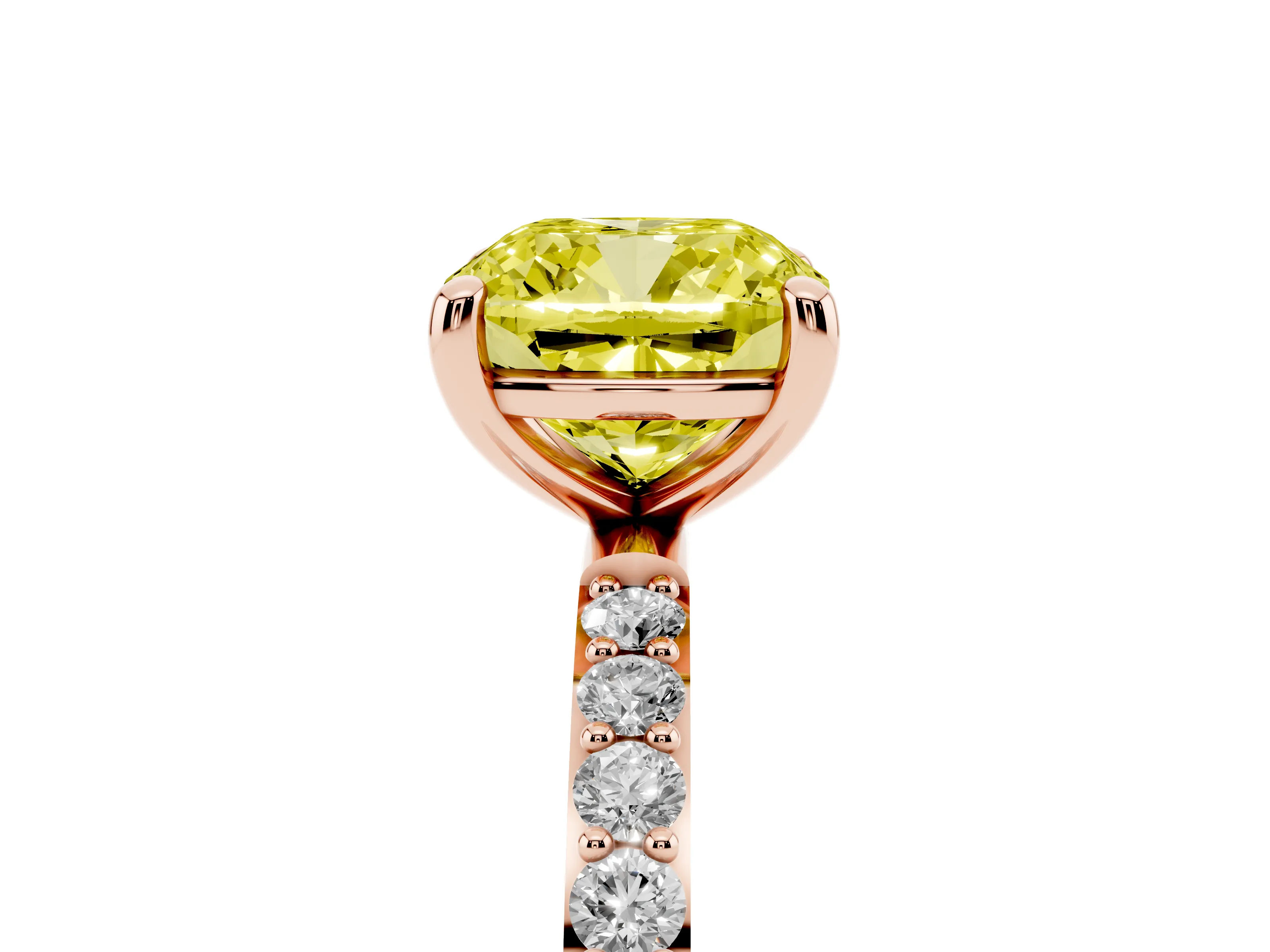 Fancy Yellow Cushion Cut Diamond Solitaire Ring Set in Rose gold with Round Pavé Band and Prong Setting