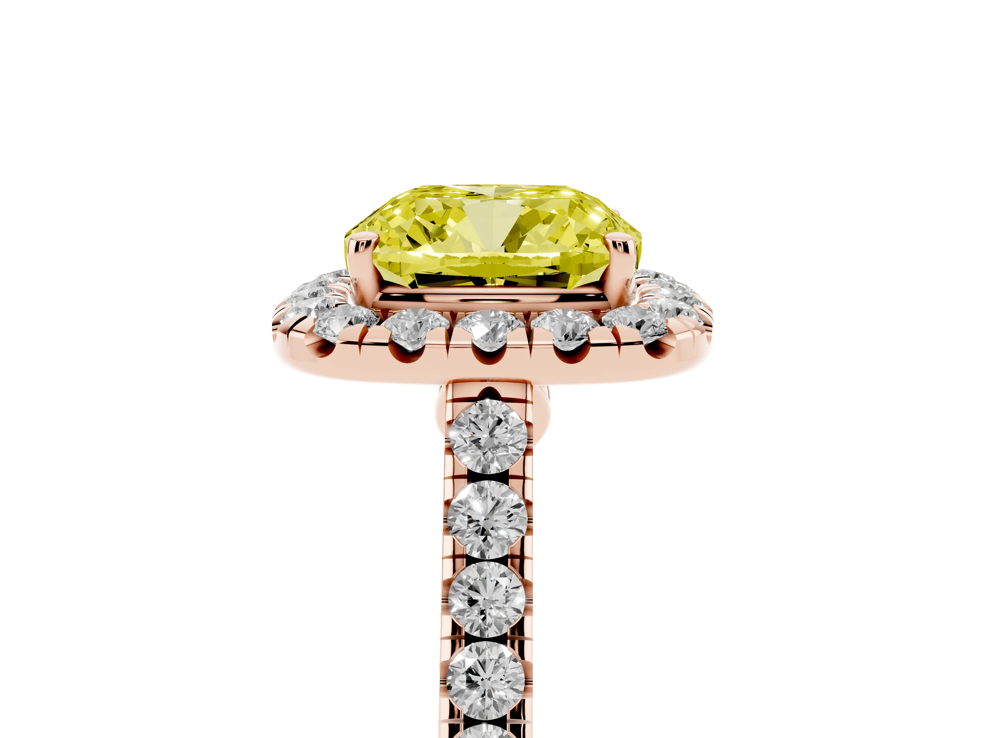 Fancy Yellow Cushion Cut Diamond Halo Pavé Engagement Ring Set in Rose gold with Prong Setting