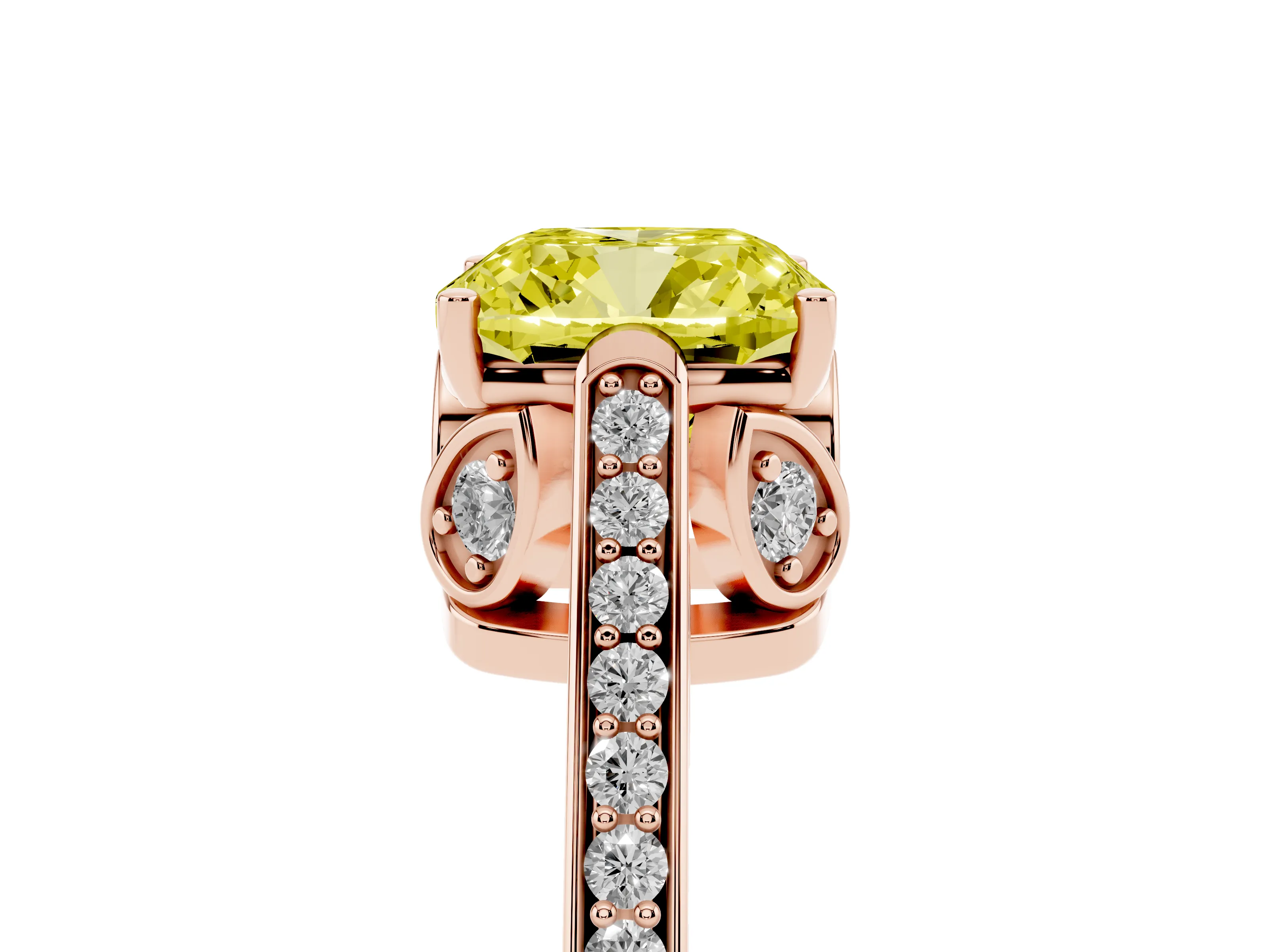Fancy Yellow Cushion Cut Diamond Cathedral Pavé Engagement Ring Set in Rose gold with Prong Setting