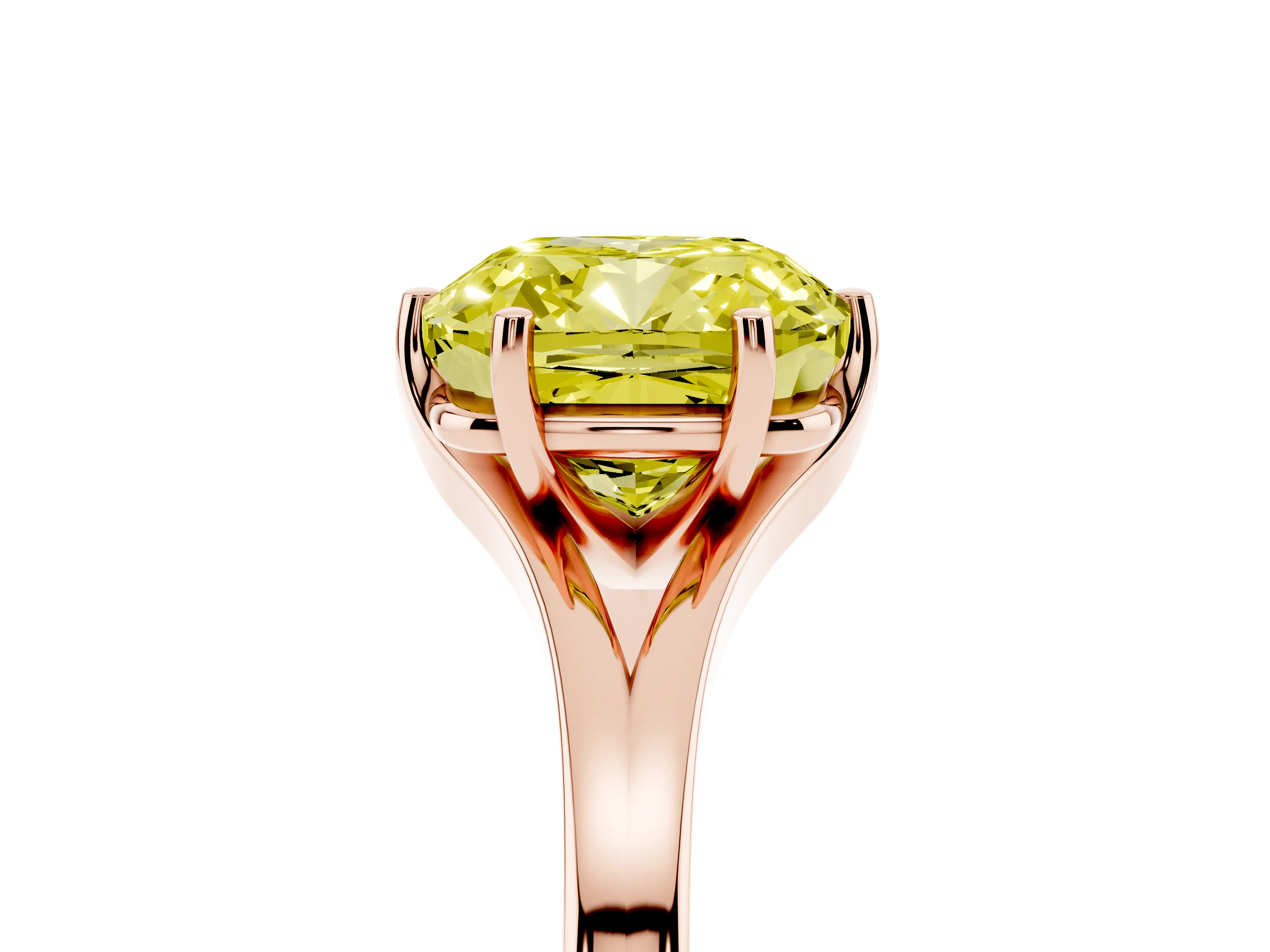 Fancy Yellow Cushion Cut Diamond Solitaire Ring Set in Rose gold with Polished Tapered Band and Prong Setting