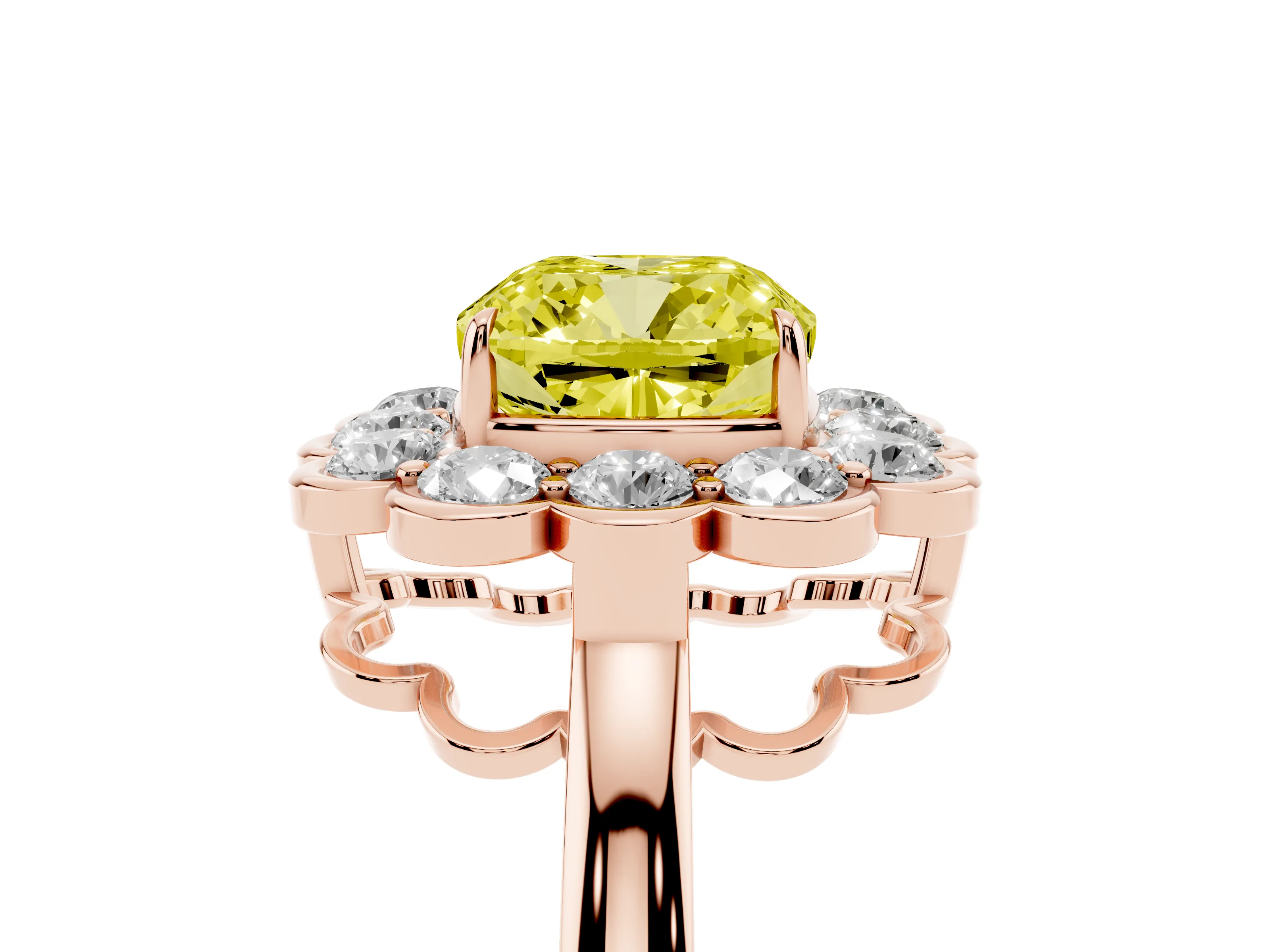 Fancy Yellow Cushion Cut Diamond Halo Cluster Engagement Ring Set in Rose gold with Solitaire Band and Prong Setting