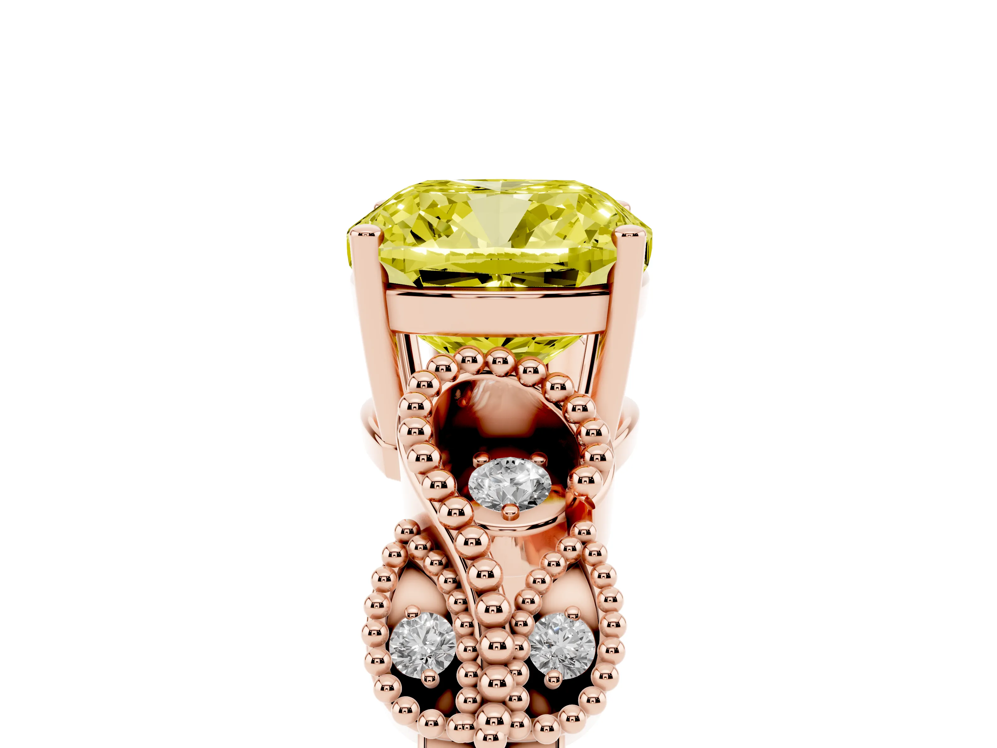 Fancy Yellow Cushion Cut Diamond Milgrain Leaf Band Solitaire Ring Set in Rose gold with Accent Stones and Prong Setting