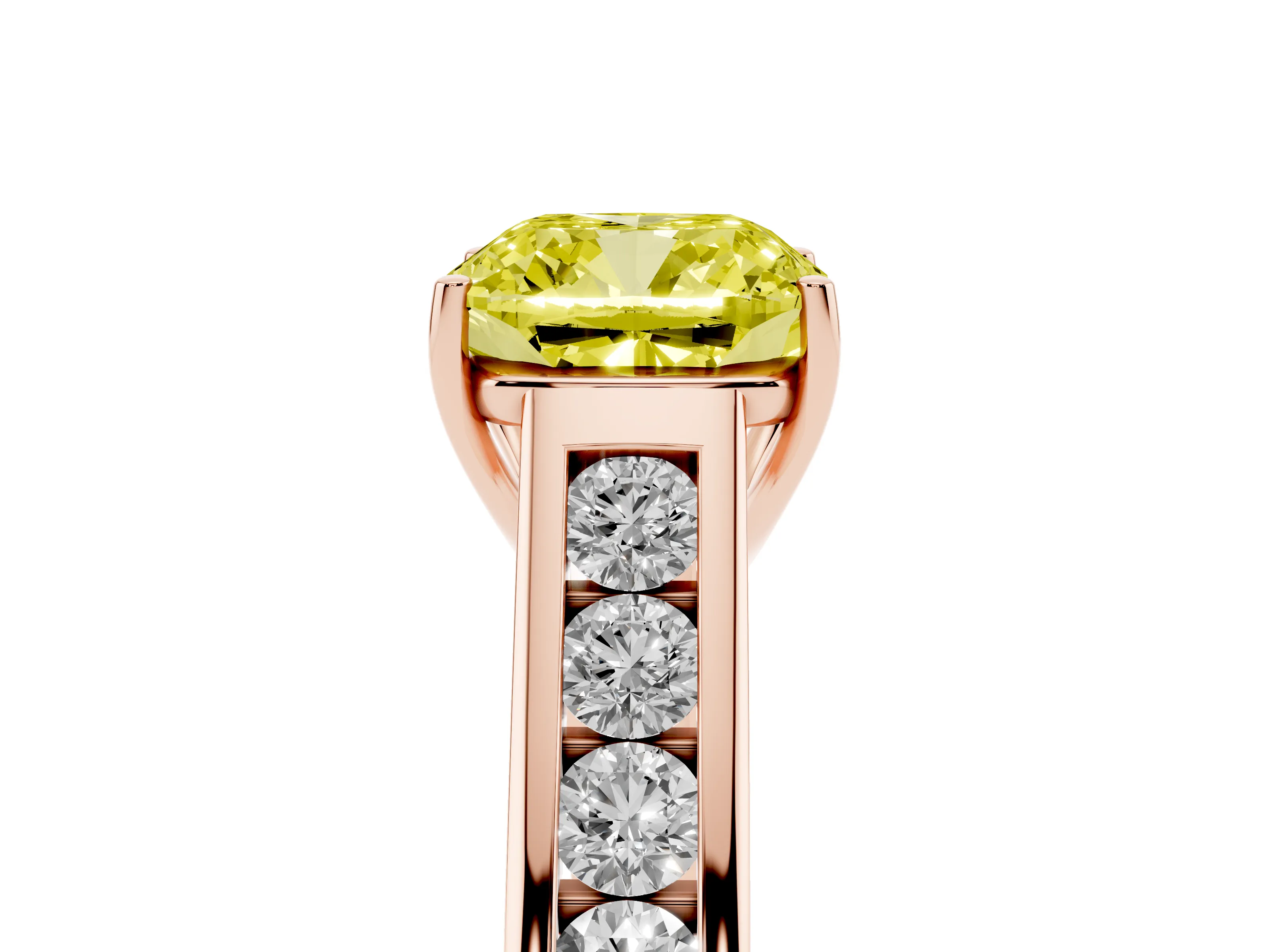 Fancy Yellow Cushion Cut Diamond Brilliant Channel-Set Solitaire Ring Set in Rose gold with Prong Setting