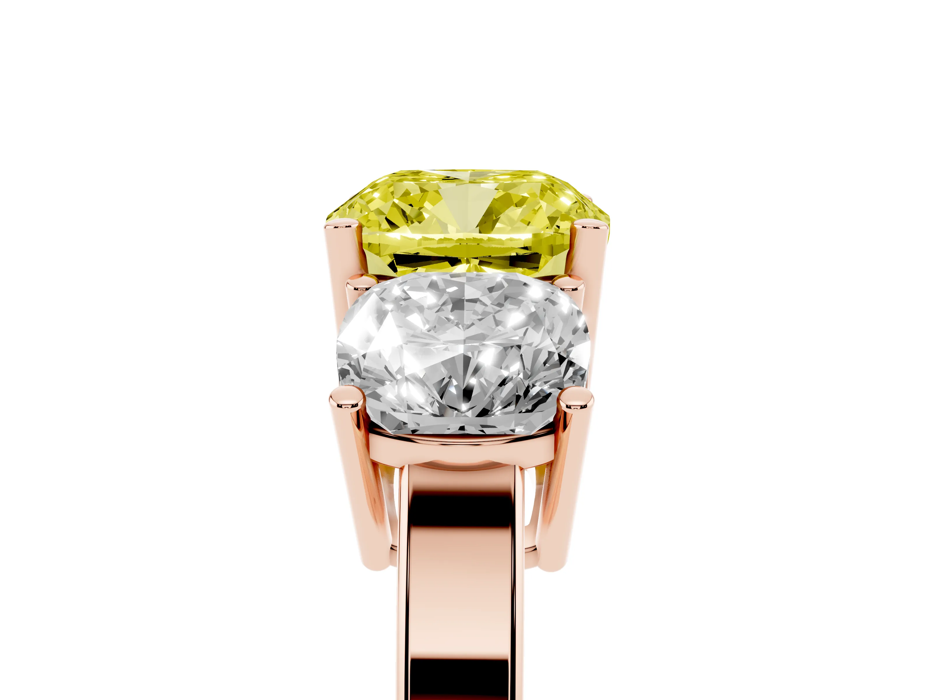 Fancy Yellow Cushion Cut Diamond Three-Stone Engagement Ring Set in Rose gold with Flat Band