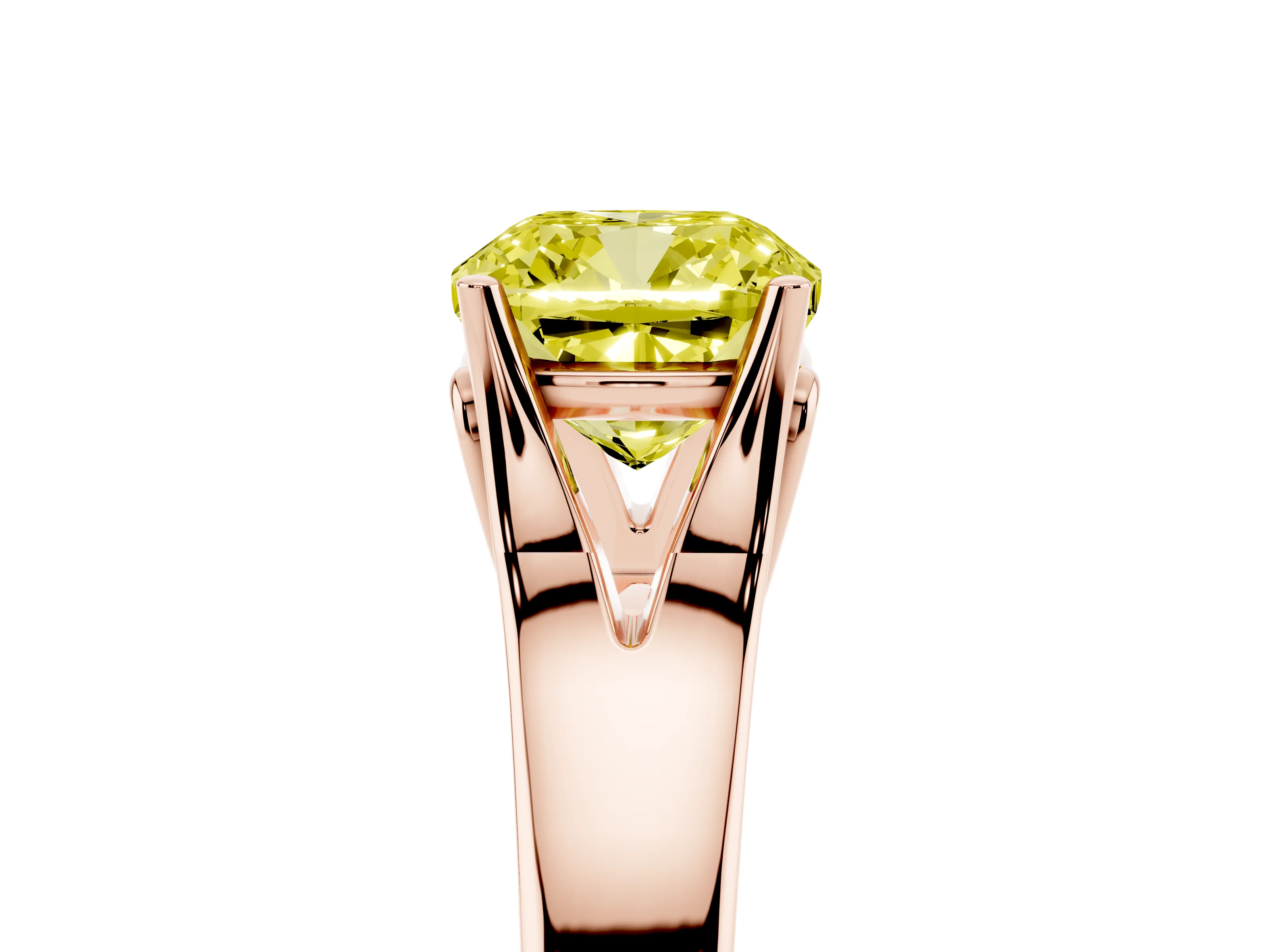 Fancy Yellow Cushion Cut Diamond Solitaire Ring Set in Rose gold with Arched Cathedral Band and Prong Setting