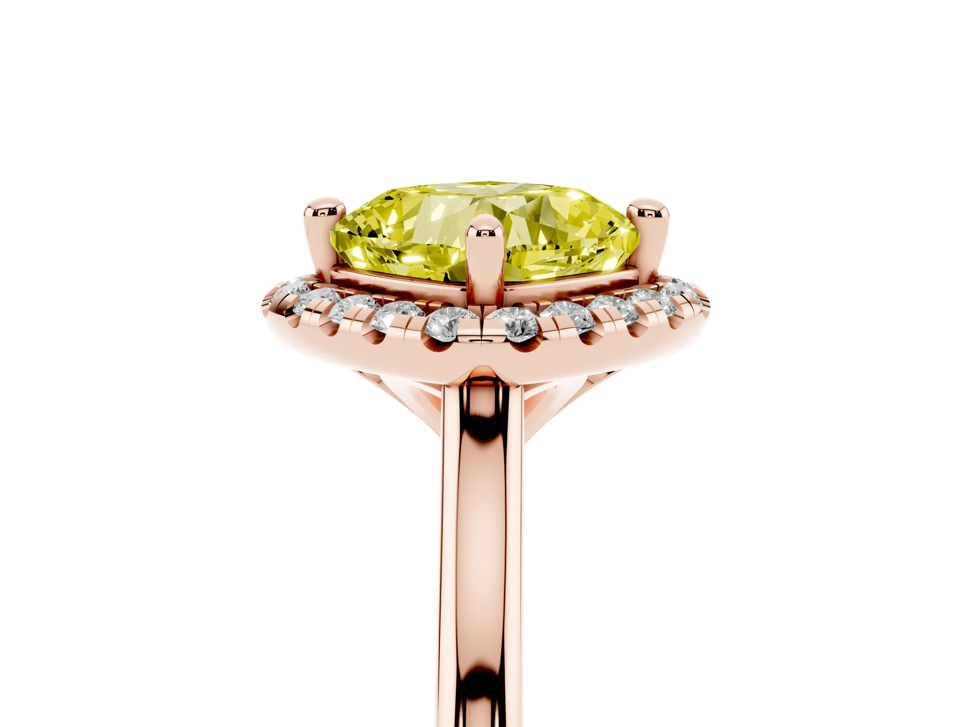 Fancy Yellow Cushion Cut Diamond Halo Engagement Ring Set in Rose gold with Pavé Band and Rising Shoulders