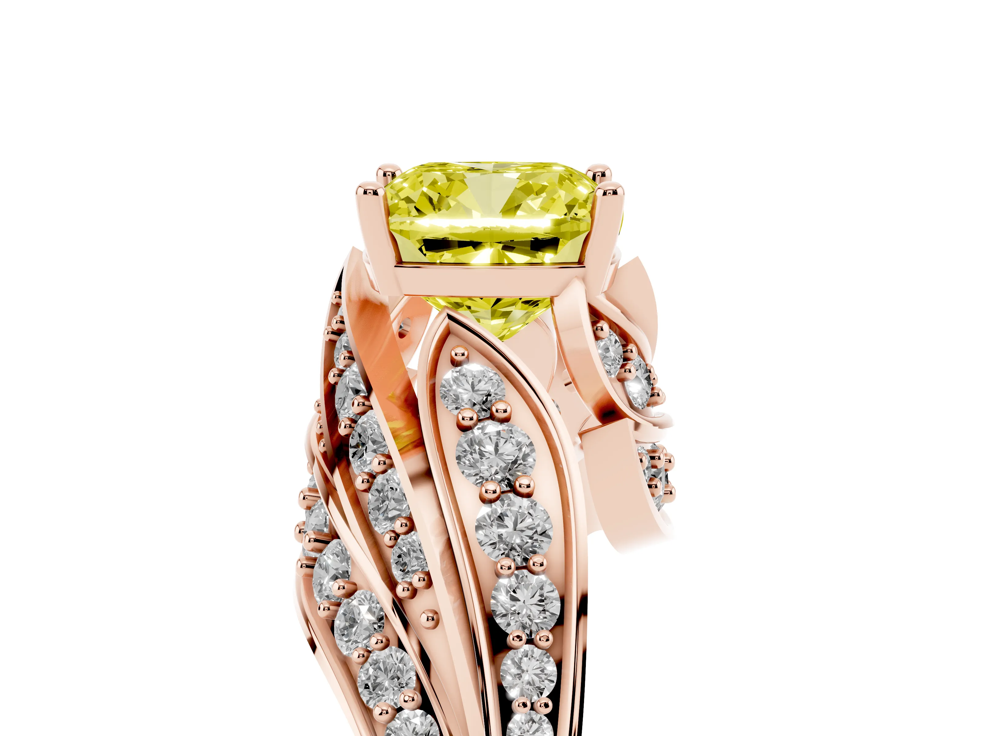 Fancy Yellow Cushion Cut Diamond Solitaire Ring Set in Rose gold with Layered Twist Pavé Band