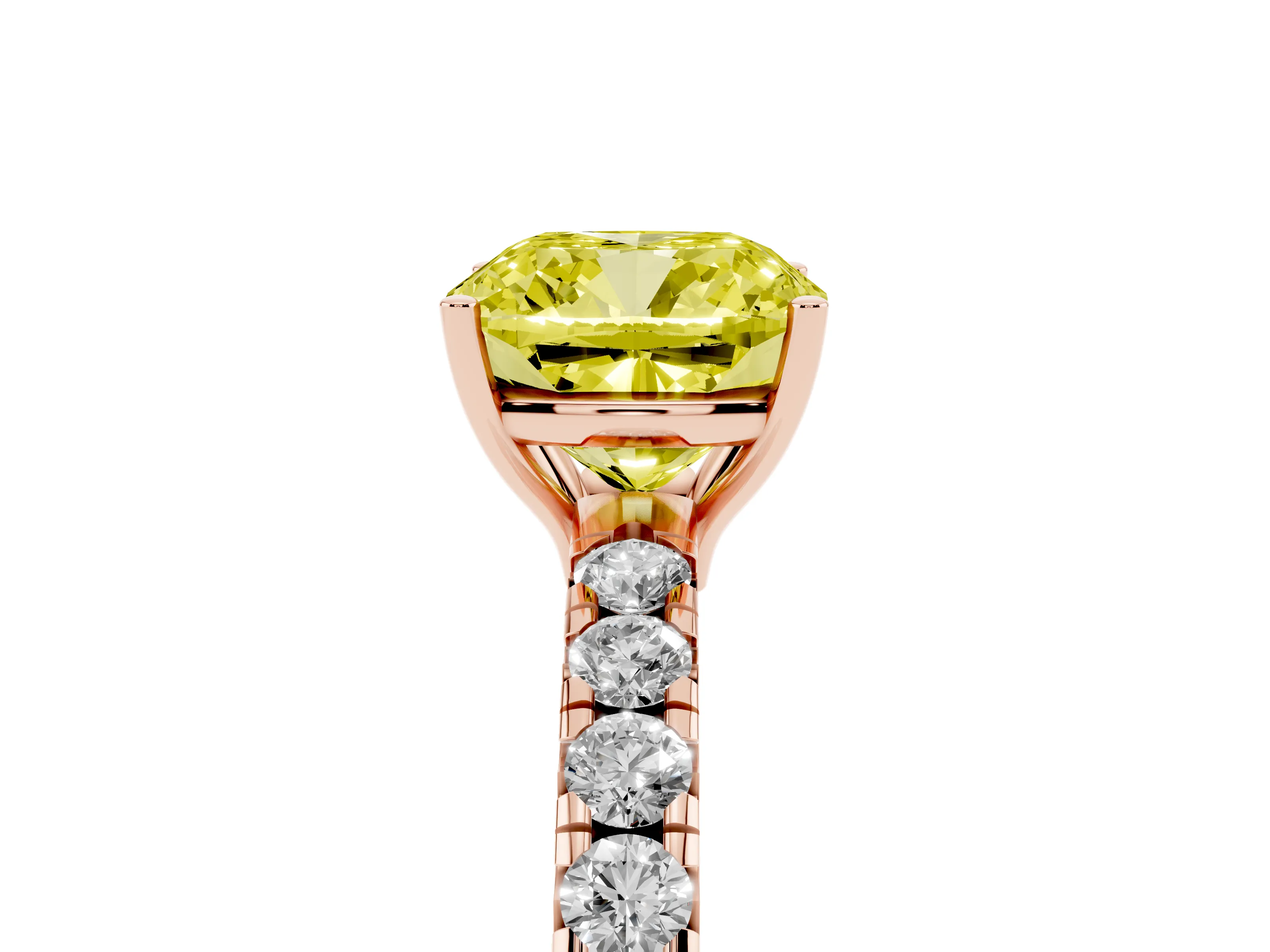 Fancy Yellow Cushion Cut Diamond Pavé Solitaire Engagement Ring Set in Rose gold with Prong Setting