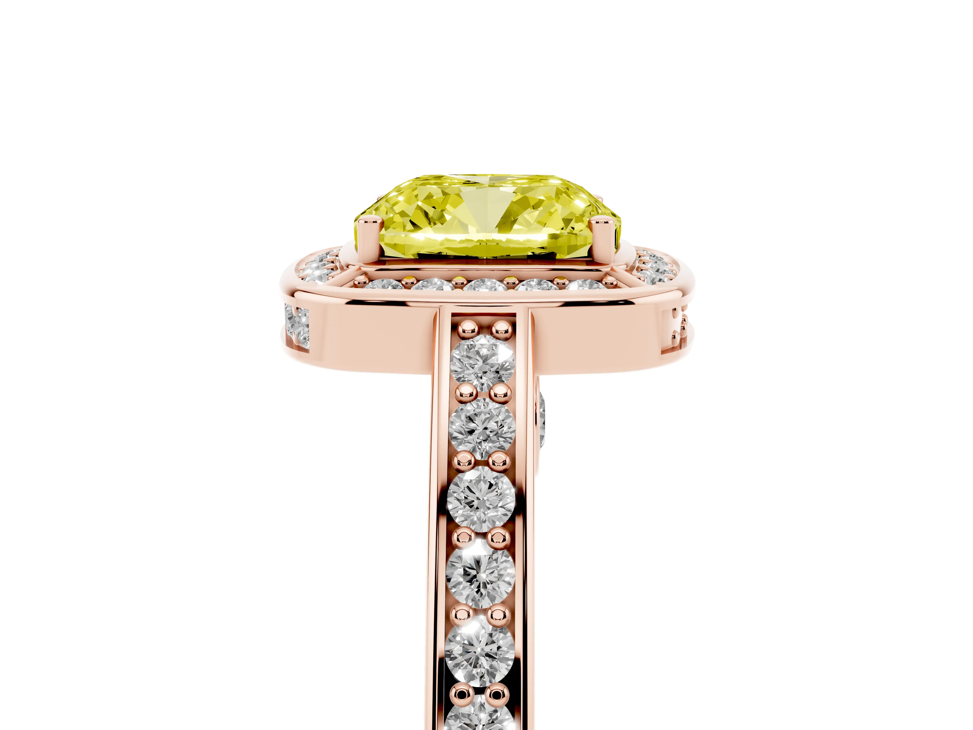 Fancy Yellow Cushion Cut Diamond Halo Pavé Split Shank Ring Set in Rose gold with Prong Setting