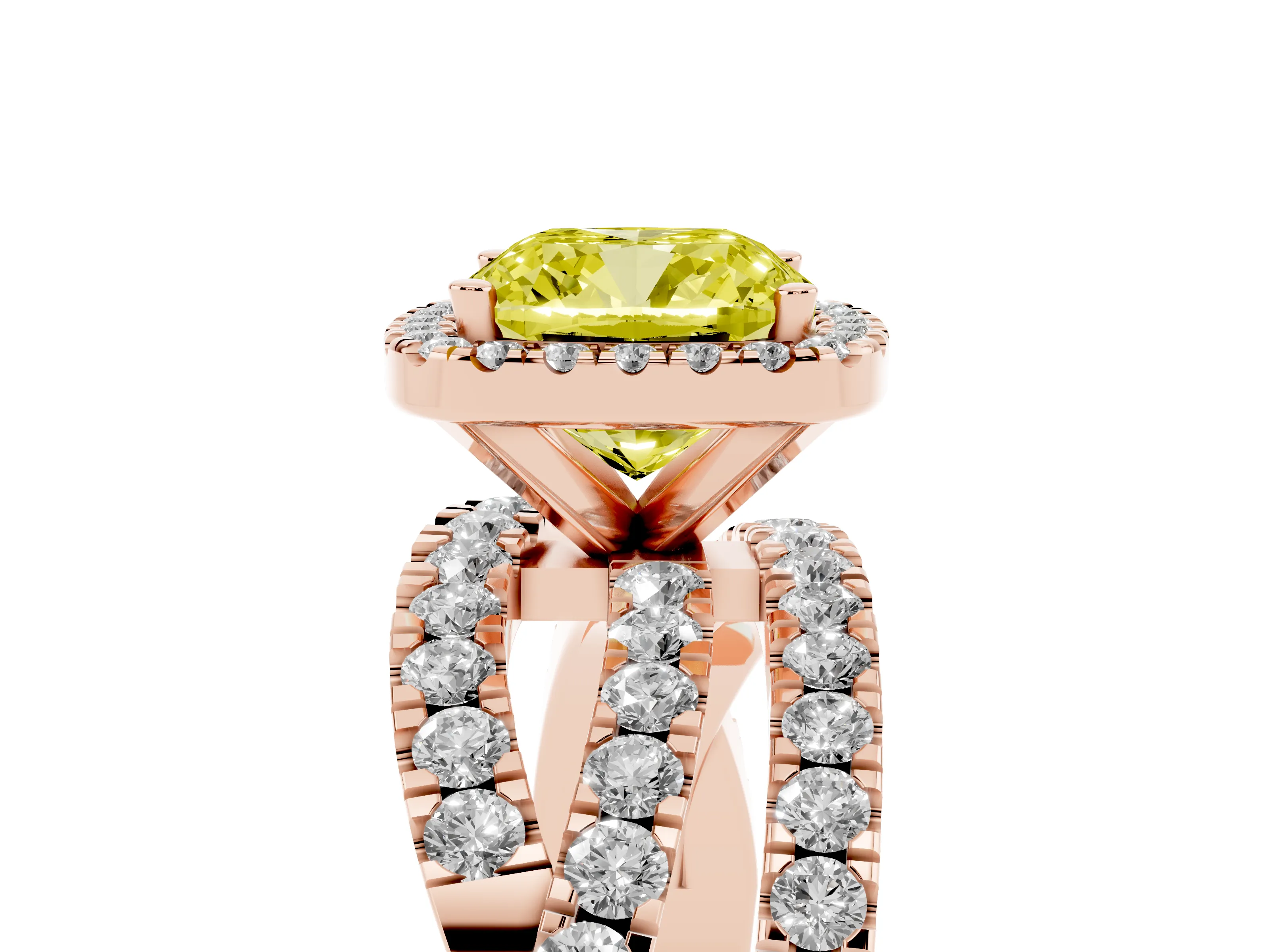 Fancy Yellow Cushion Cut Diamond Halo Ring Set in Rose gold with Round Crossover Split Shank and Prong Setting