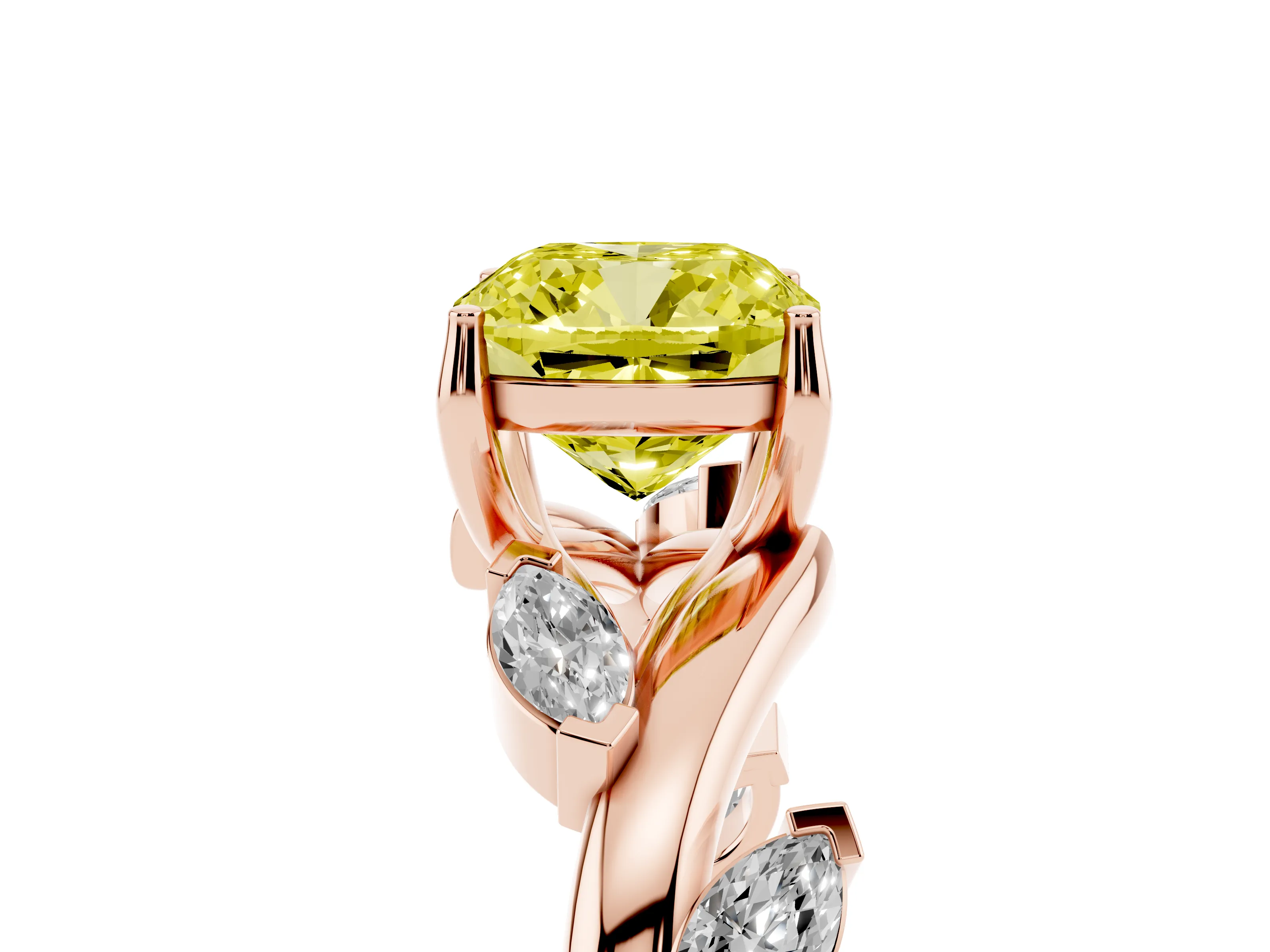 Fancy Yellow Cushion Cut Diamond Solitaire Ring Set in Rose gold with Twisted Marquise Accent Band