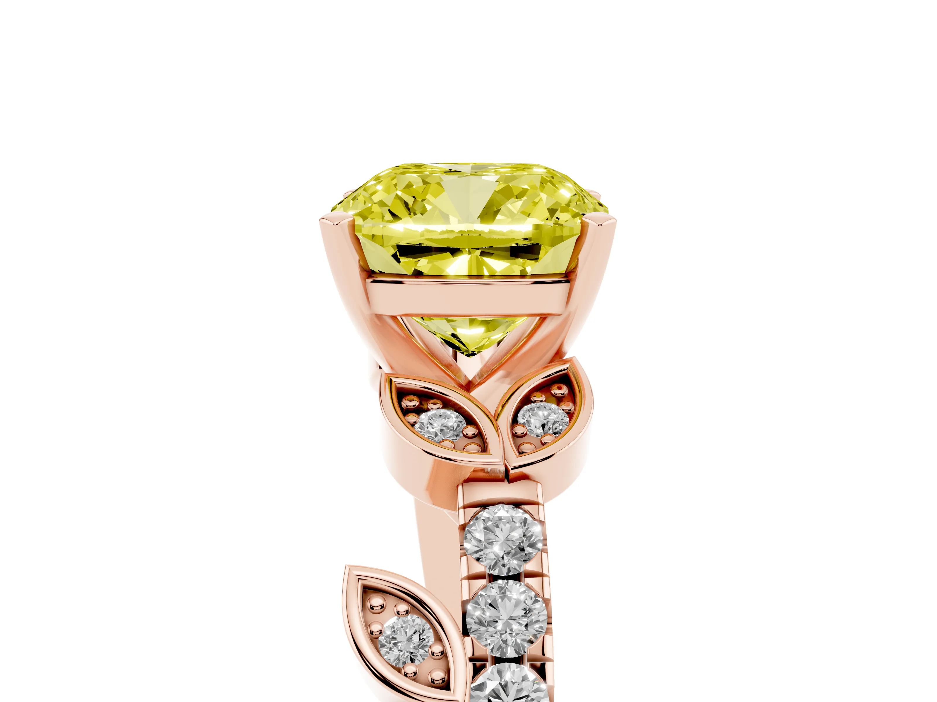 Fancy Yellow Cushion Cut Diamond Solitaire Leaf-Inspired Ring Set in Rose gold with Pavé Band and Prong Setting