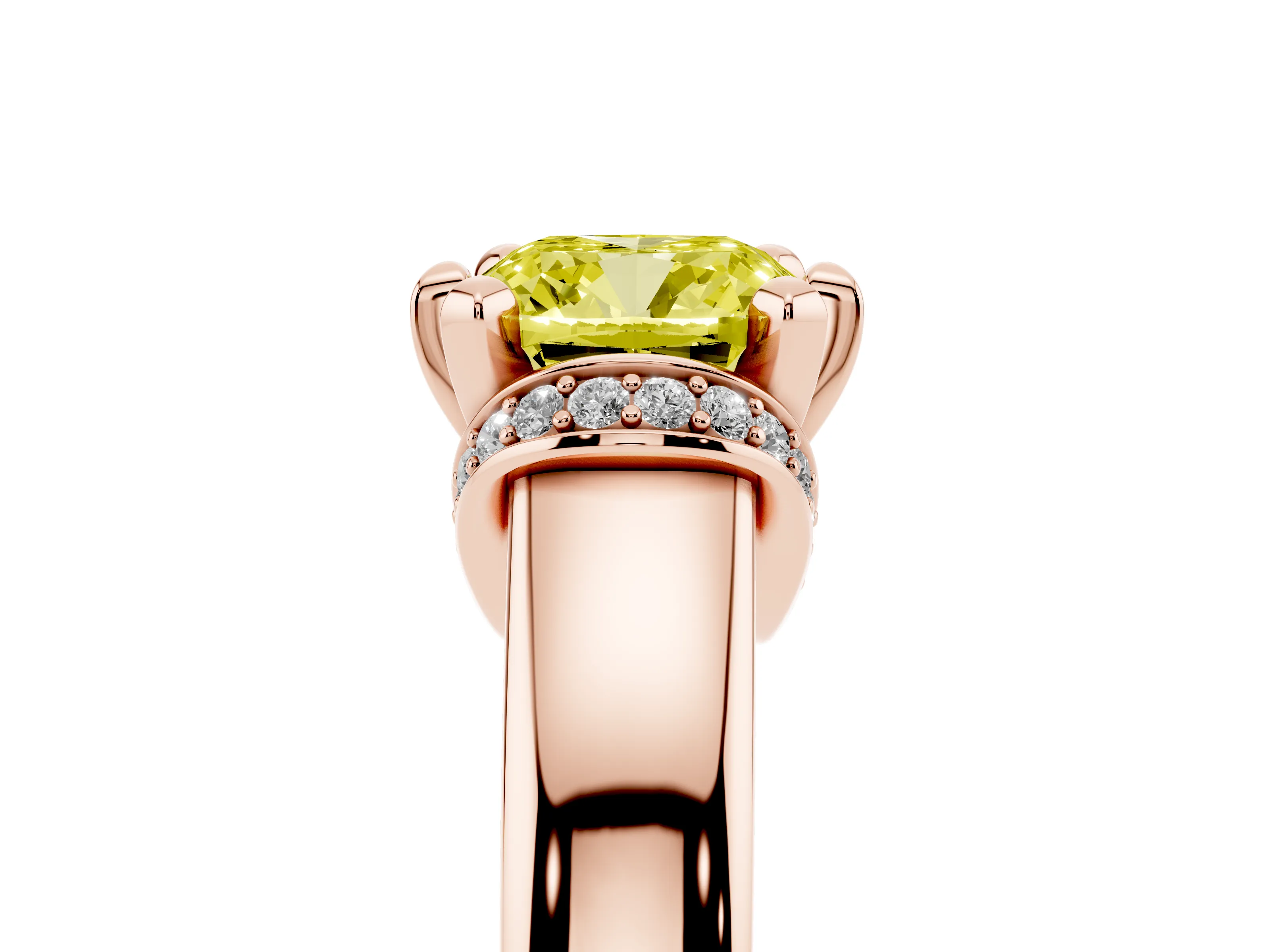 Fancy Yellow Cushion Cut Diamond Pavé Band Solitaire Ring Set in Rose gold with Prong Setting