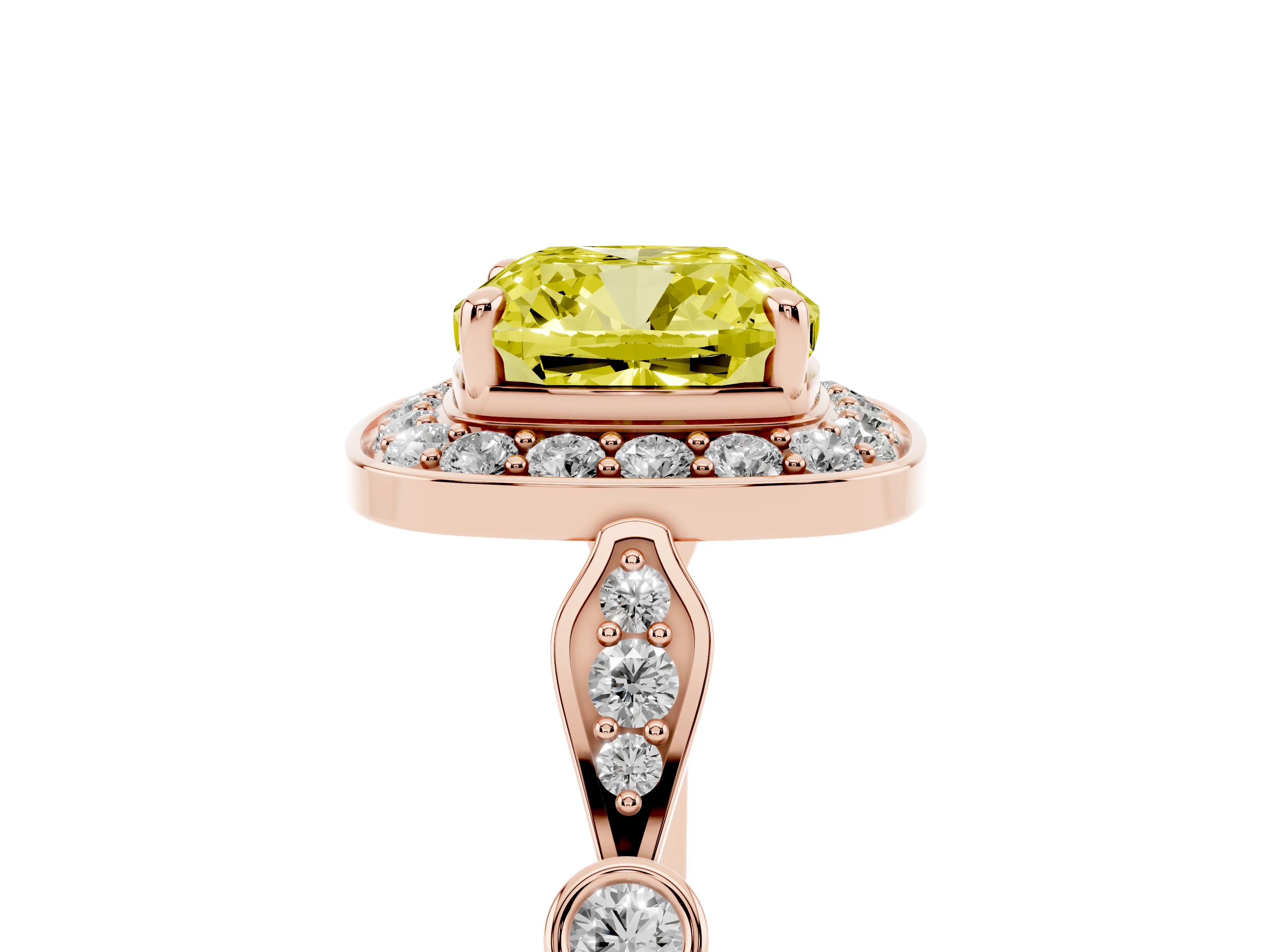 Fancy Yellow Cushion Cut Diamond Halo Engagement Ring Set in Rose gold with Twisted Band and Prong Setting