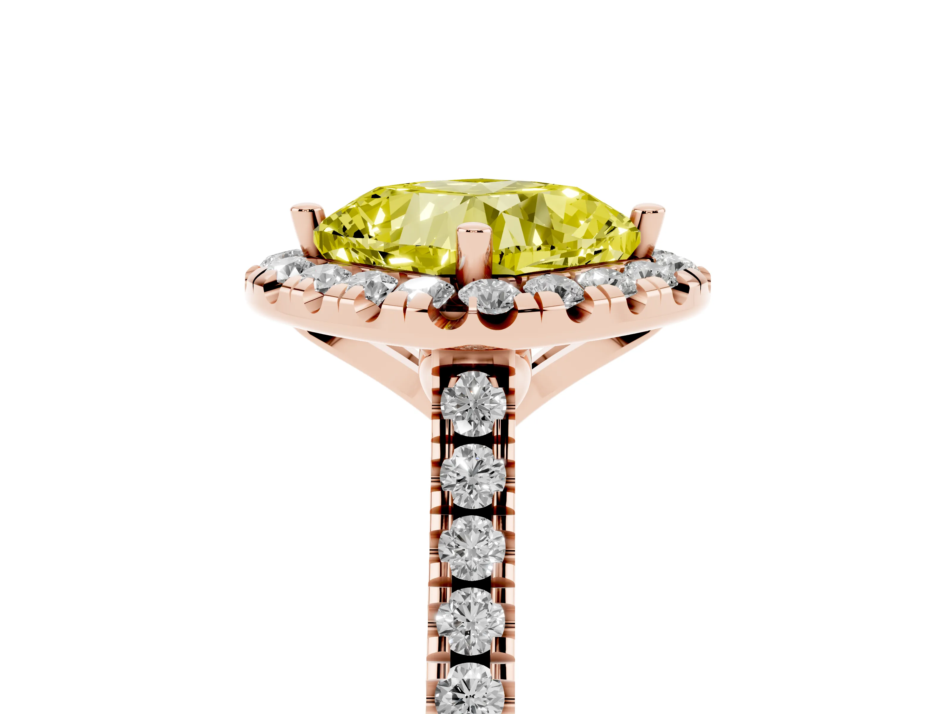 Fancy Yellow Cushion Cut Diamond Cushion Halo Ring Set in Rose gold with Pavé Band